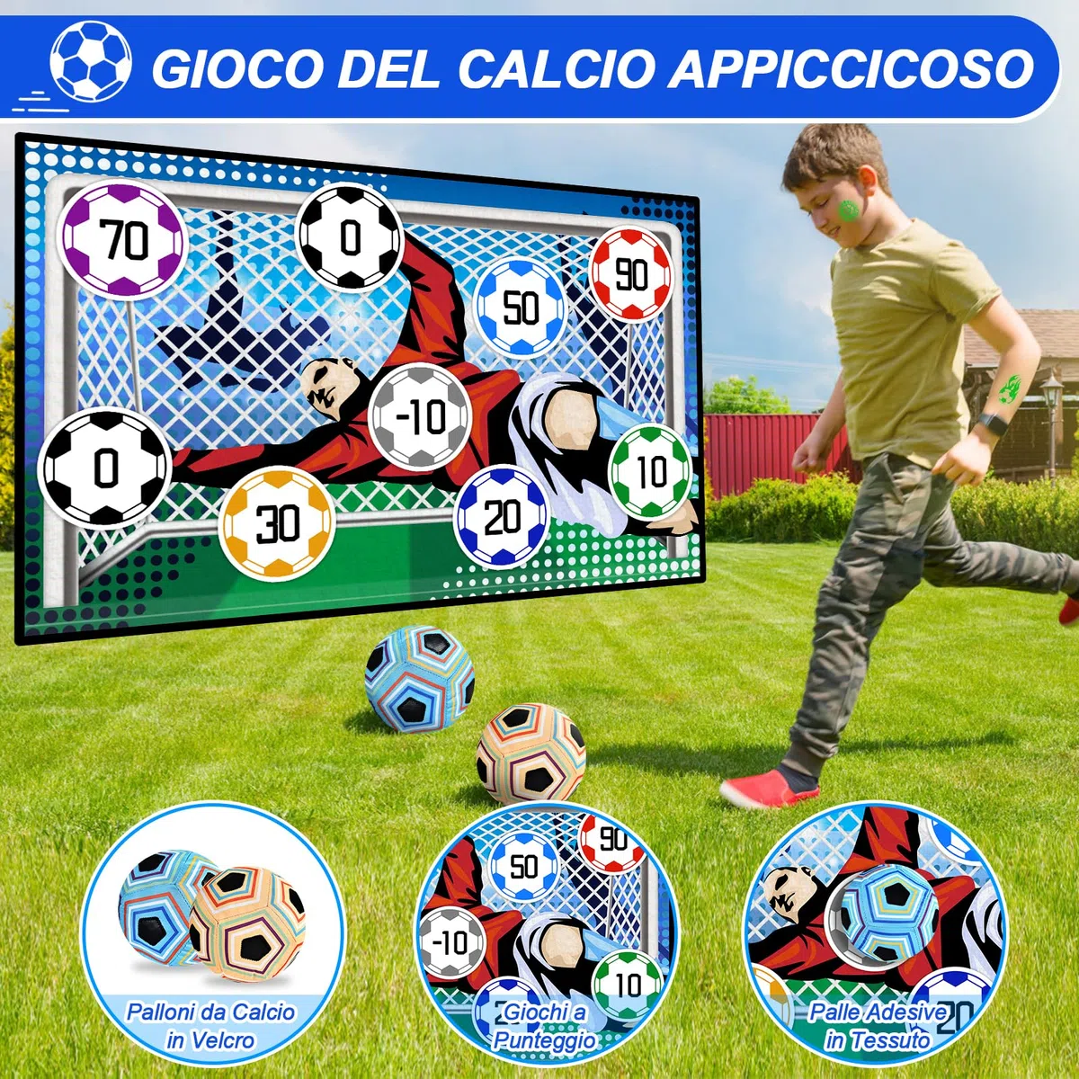 JONRRYIN Set da Gioco con Pallone da Calcio per Bambini di 3 4 5 6 7 8 Anni, Porta da Calcio in Cortile per Interni ed Esterni con Palline in Velcro, Regalo di Compleanno per Ragazzi e Ragazze