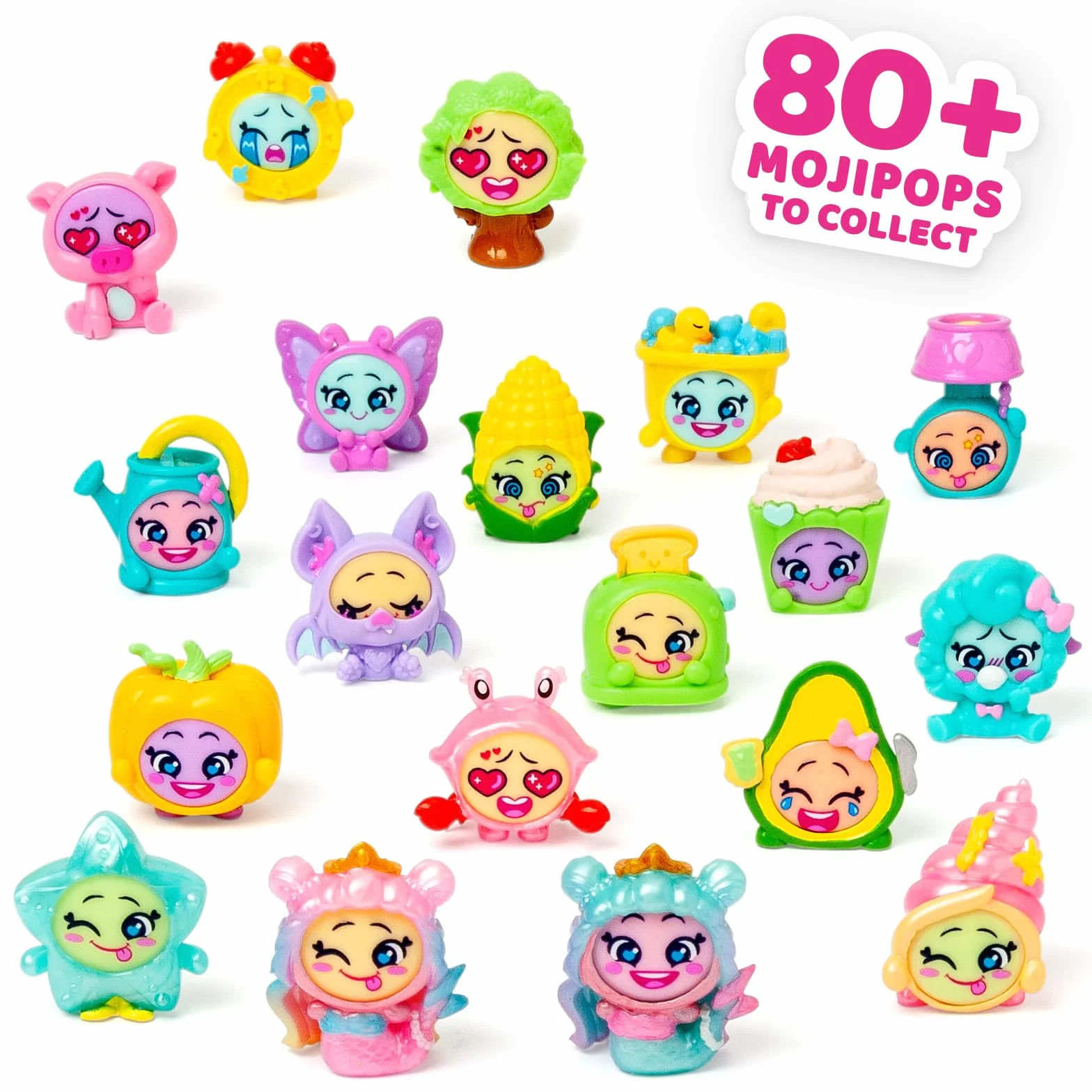 MOJI POPS Pearl Series - One Pack. Scatola con 24 buste a sorpresa con personaggi da collezione con faccine reversibili. Ogni bustina contiene 1 Mojipop Sorpresa e 1 Checklist