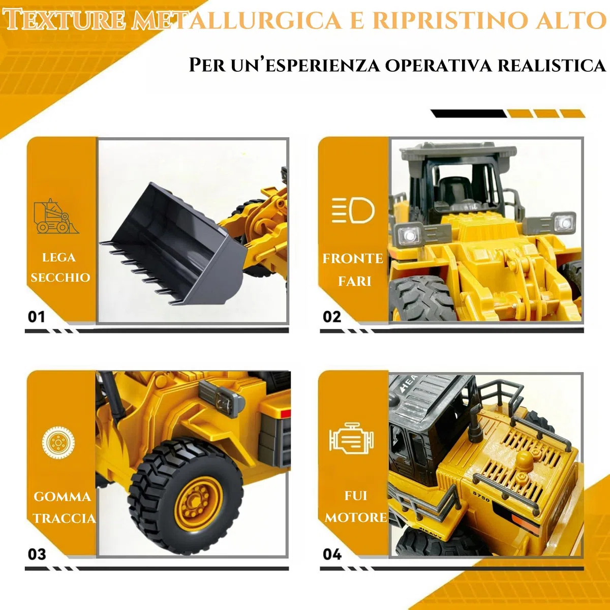 9 Canale 1:16 quattro ruote Bulldozer telecomandato giocattolo,con luci e suono, pala in metallo,telecomando senza fili,Caricatore Frontale con Telecomando,per Regali Per Bambini