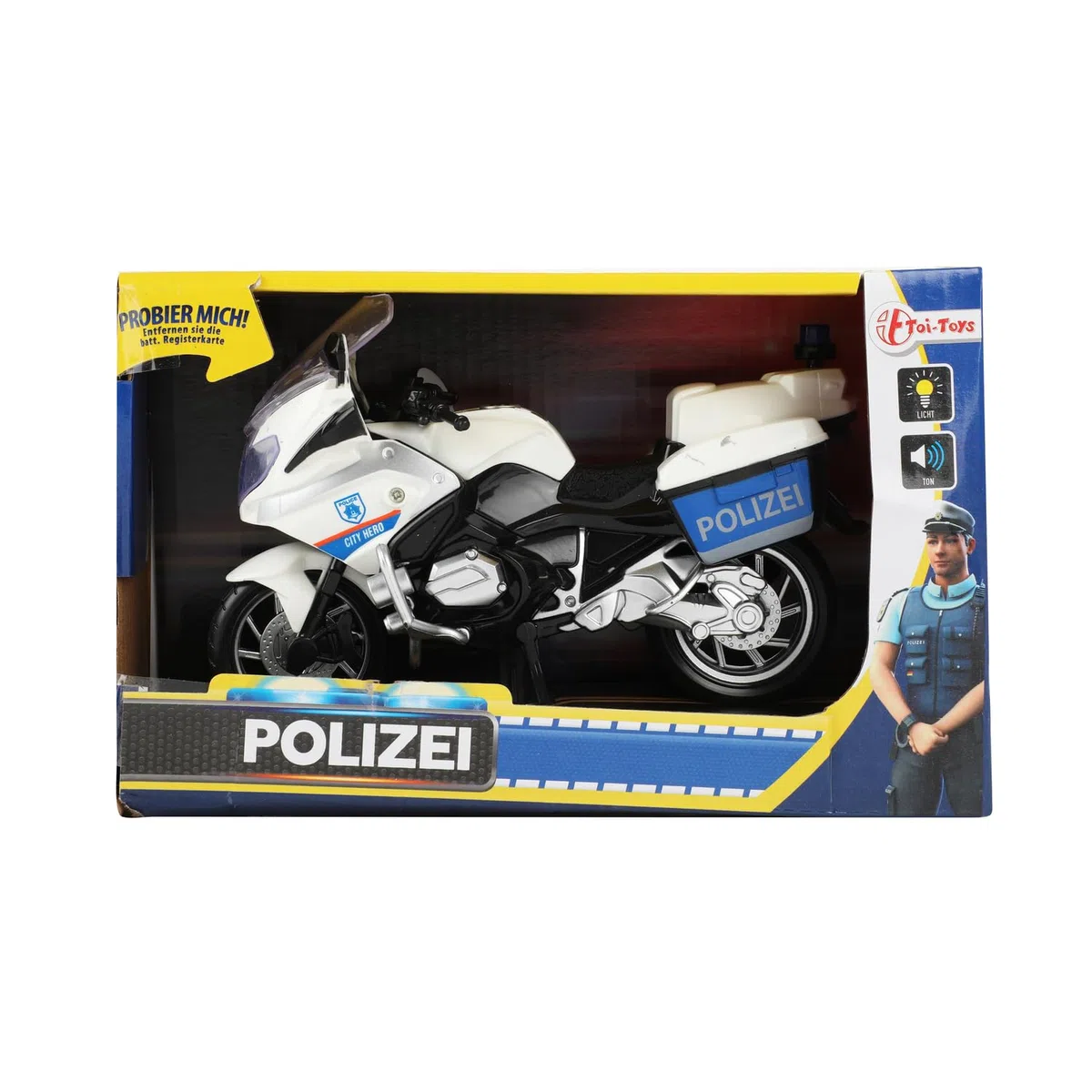 Toi-Toys 29654B - Ruota della polizia 1:20 con luce e suono, per moto della polizia, colore: Bianco