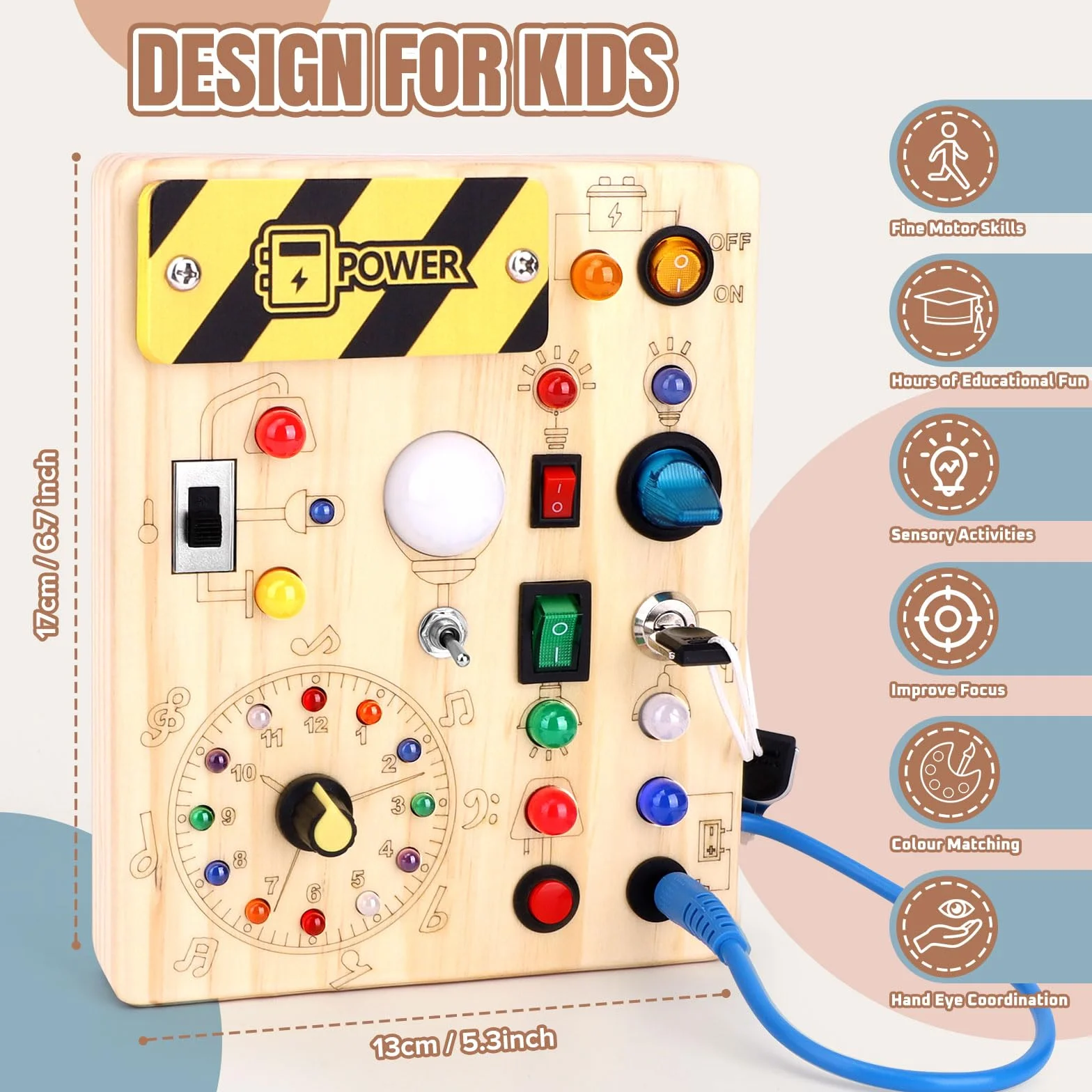 Busy Board Montessori Giocattolo a partire da 1 Anno in Legno Giocattolo Motorico Activity Board Sensoriale Giocattolo Educativo con 10 Interruttori e 23 Luci LED per Bambini Piccoli Regalo per