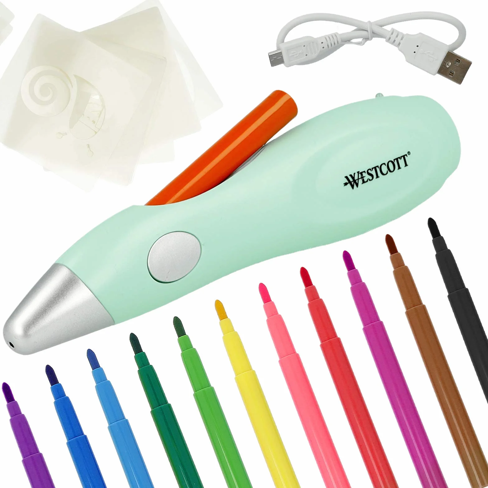 Westcott set aerografo per bambini | Penna elettrica a spruzzo in set iniziale con 12 pennarelli e 19 stencil | Con batteria ricaricabile e caricatore USB | E-16800 00
