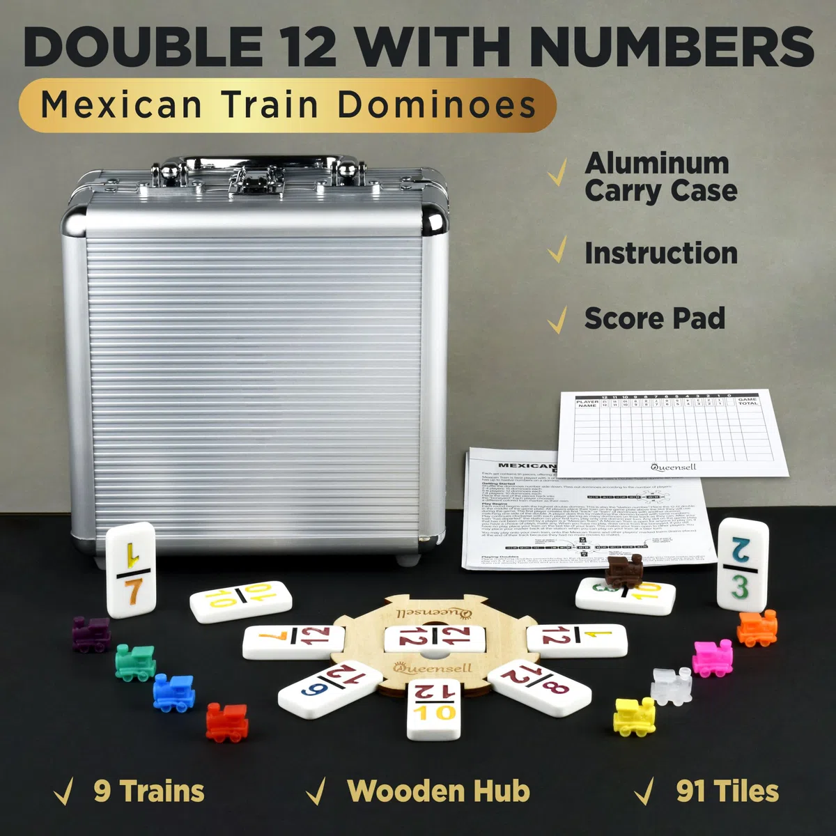 Queensell Set di domino con treno messicano per adulti, set di domino con numeri per giochi da tavolo classici, set di domino doppio con 12 numeri per giochi di famiglia, set domino 91 piastrelle con