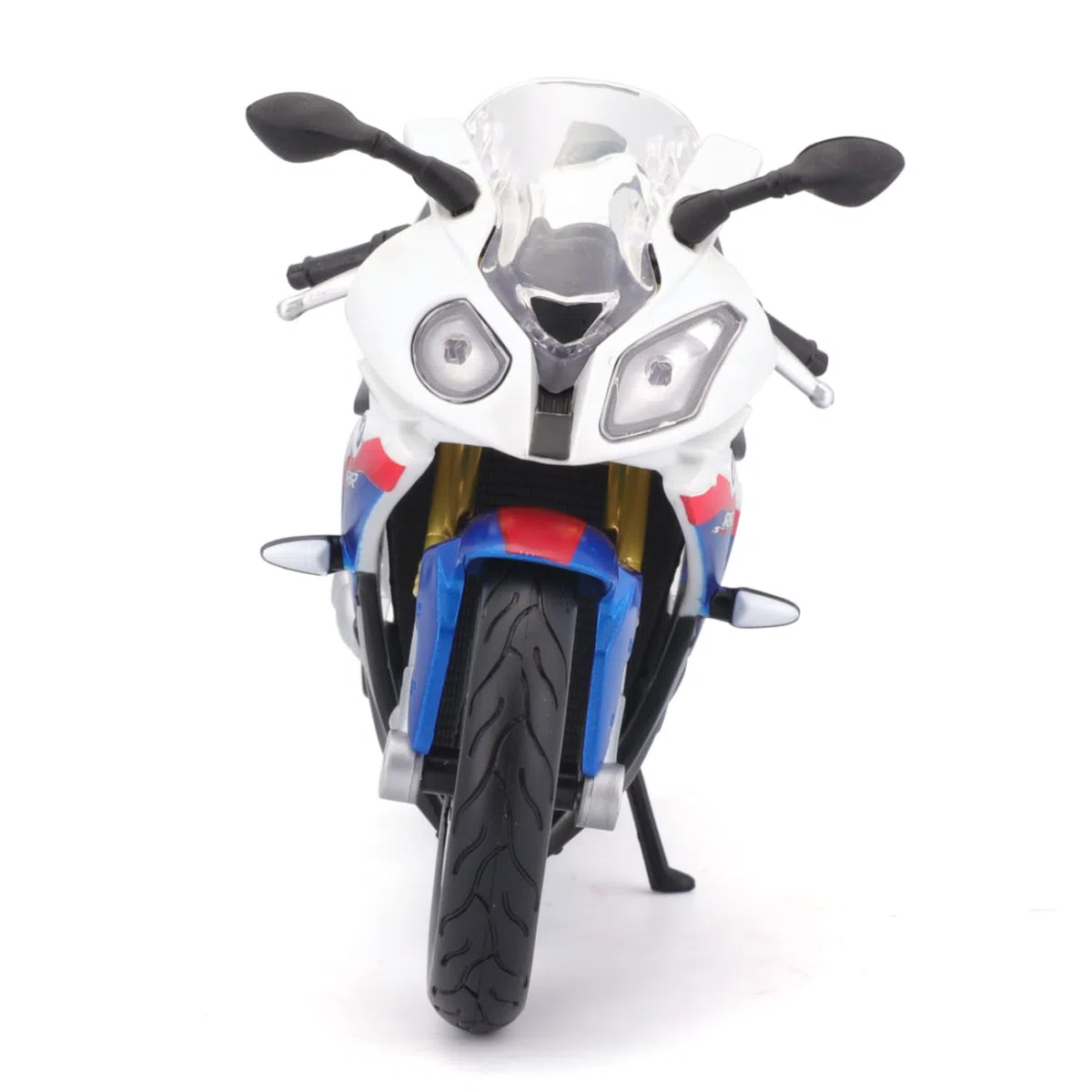 Maisto BMW S1000 RR: fedele modello di moto 1:12, con supporto mobile, sospensioni e ruote rotanti libere, 17 cm, bianco-blu (531191), medio