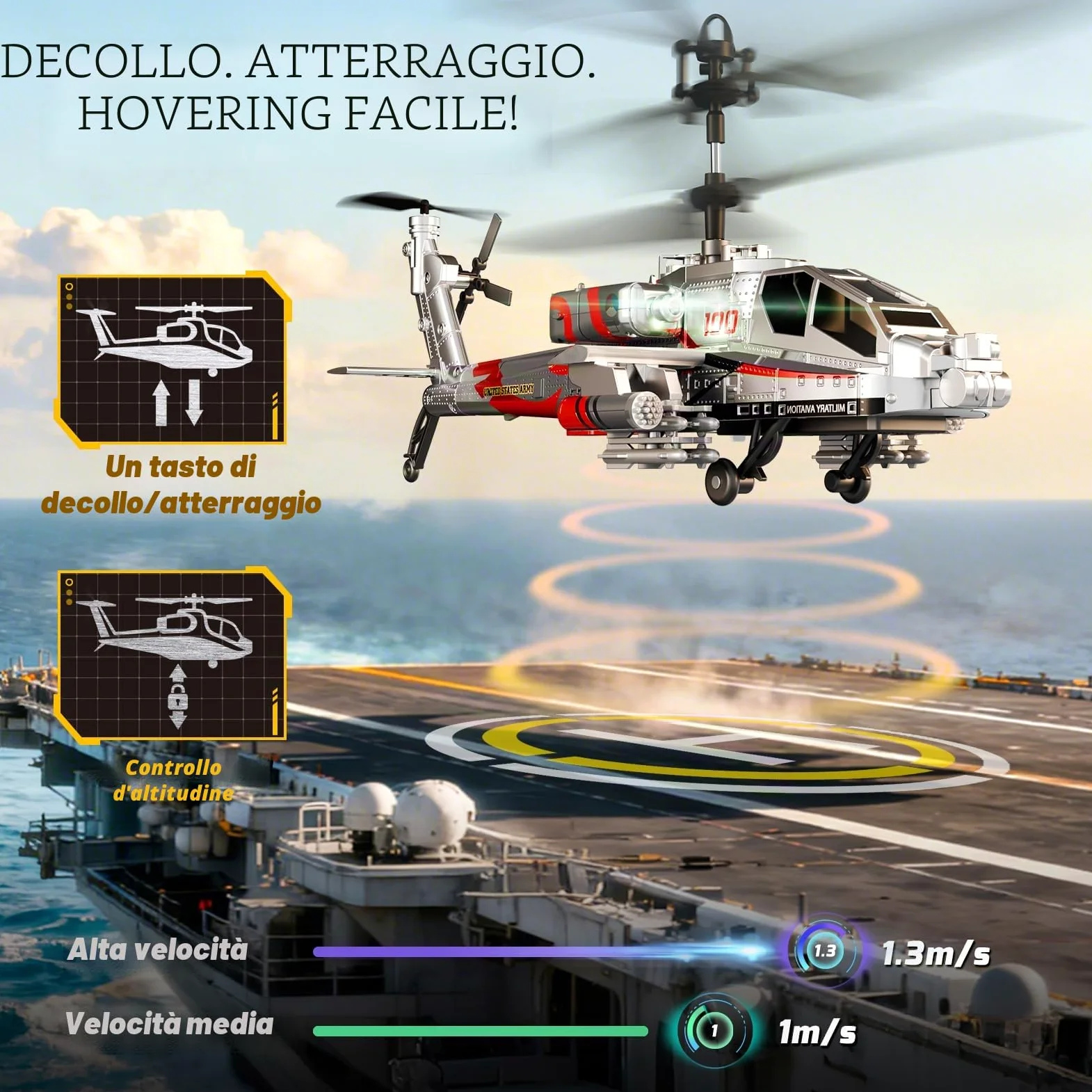 XIKOTEC Elicottero Telecomandato per Bambini, Elicottero Radiocomandato con 2 Batt, LED & Decollo/Atterraggio 1 Tasto, Elicottero Giocattolo Elicottero RC Giochi Regalo per Ragazzi 8+
