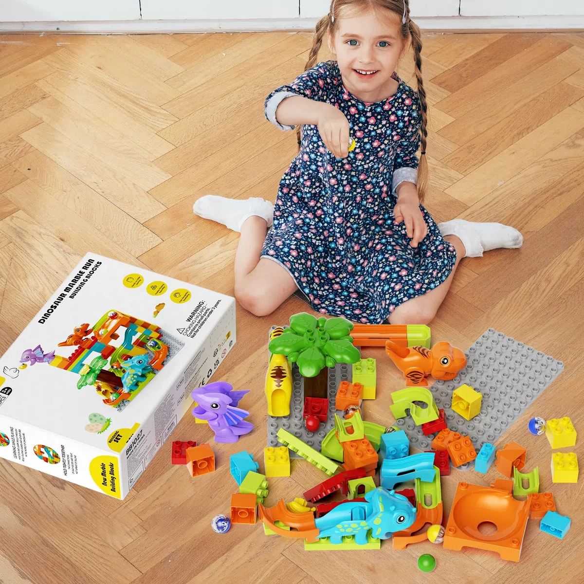 burgkidz Pista di Biglie Dinosauro, 78 Pezzi Piste di Marmo Costruzioni Blocchi Giocattoli, Gioco del Labirinto Interattivo ed Educativo STEM Regalo per Bambini 3+ Anni