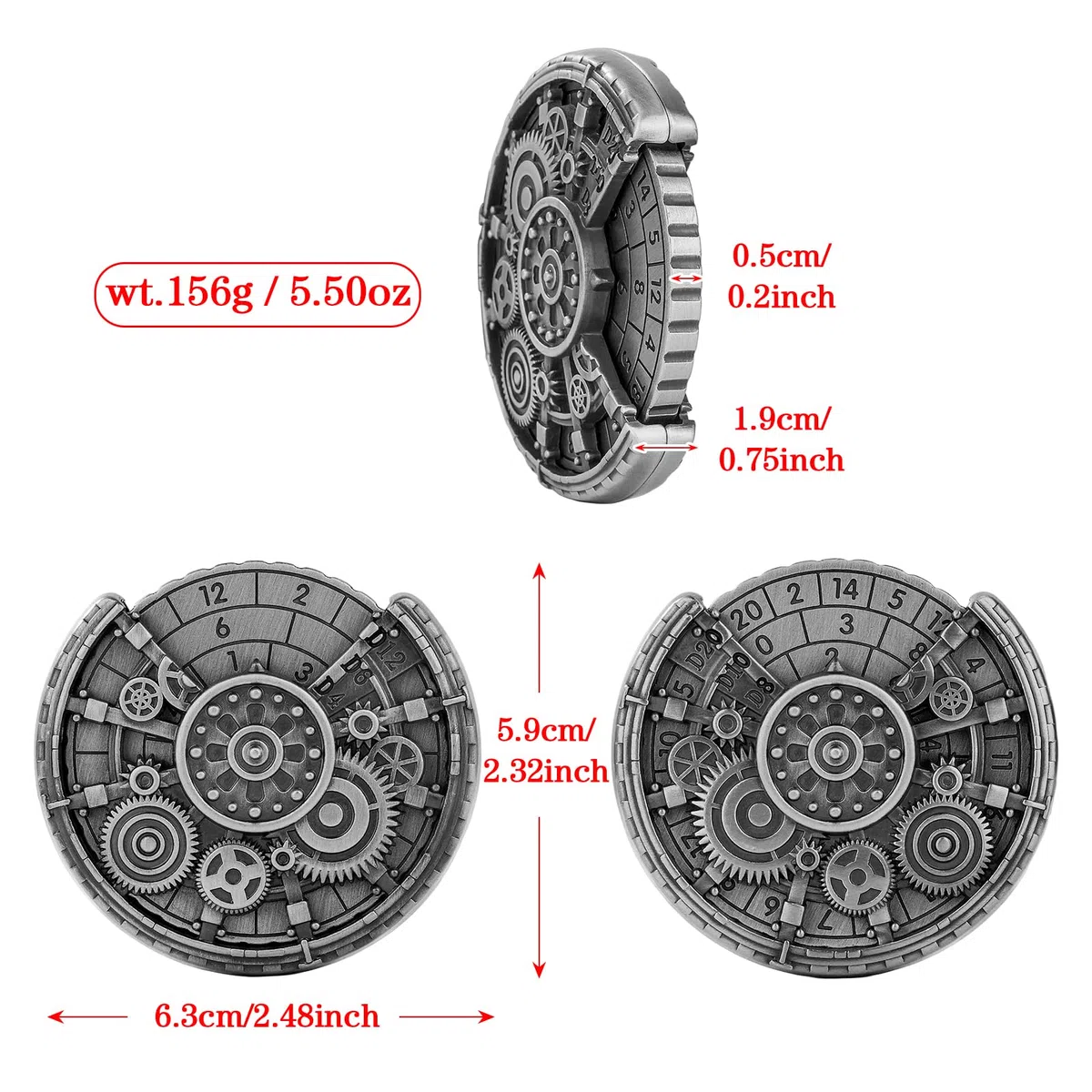 Ingranaggio Cavo DND Ruota Dadi Spinner, 7-in-1 Metallici D&D Spinner di Dadi, Ingranaggio Cavo D&D Roulette, Regali DND, Sacchetto Regalo con Logo Drago, Accessori per Gioco di Ruolo, Argento Scuro