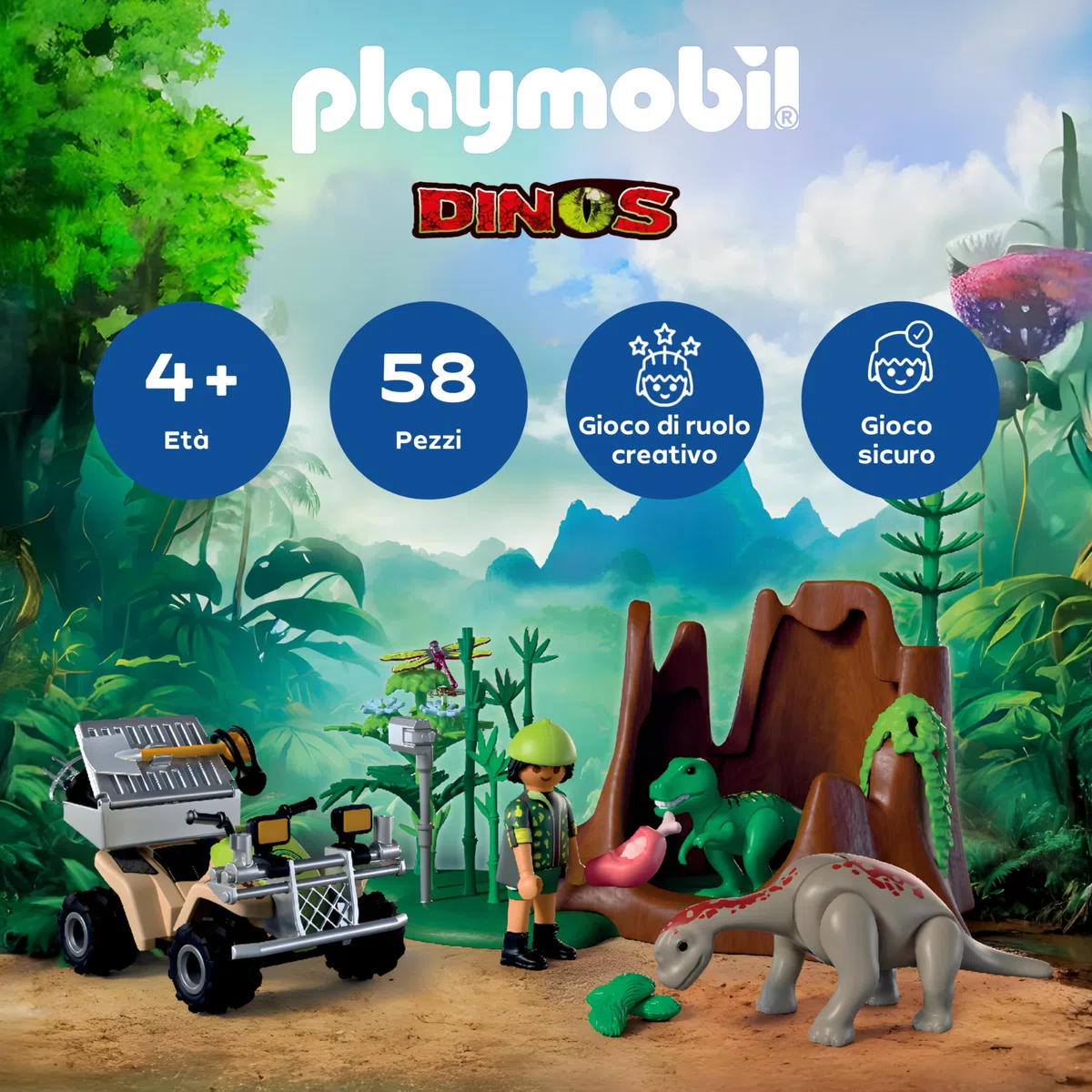 PLAYMOBIL | Dinos | Dinosauri Hideout | Dino Explorer con Quad, Baby T-Rex e Baby Brachiosaurus | Giocattolo per bambini dai 4 anni in su | 72069
