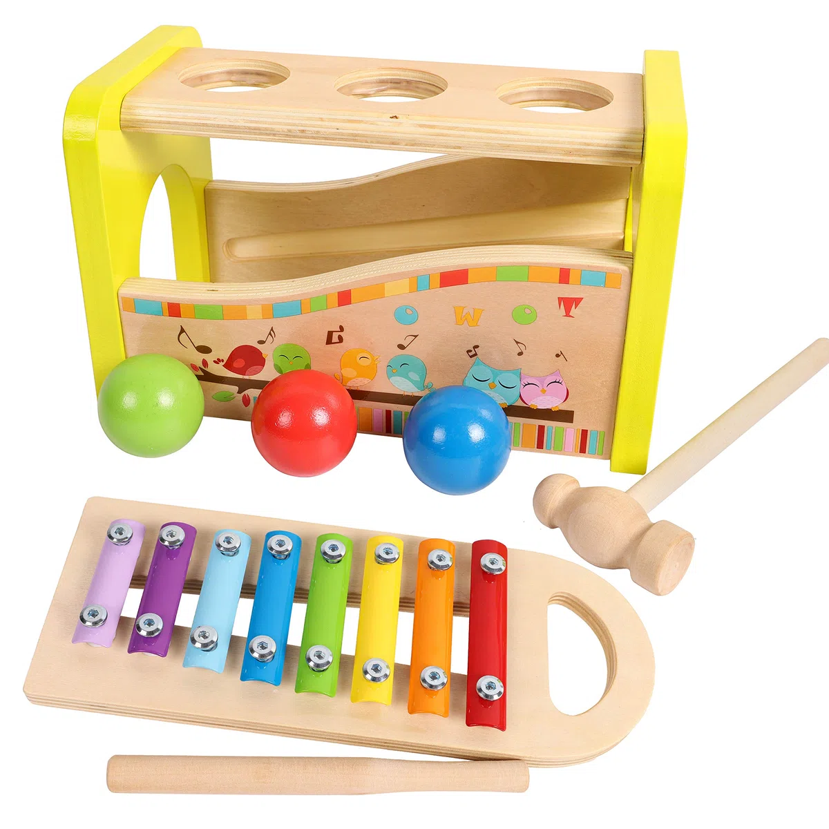 Set di xilofono a sfera con martello in legno - martello e pioli per battere una palla da banco - Giocattoli per bambini Regalo per bambini di 1 anno - Piccola attività motoria sensoriale