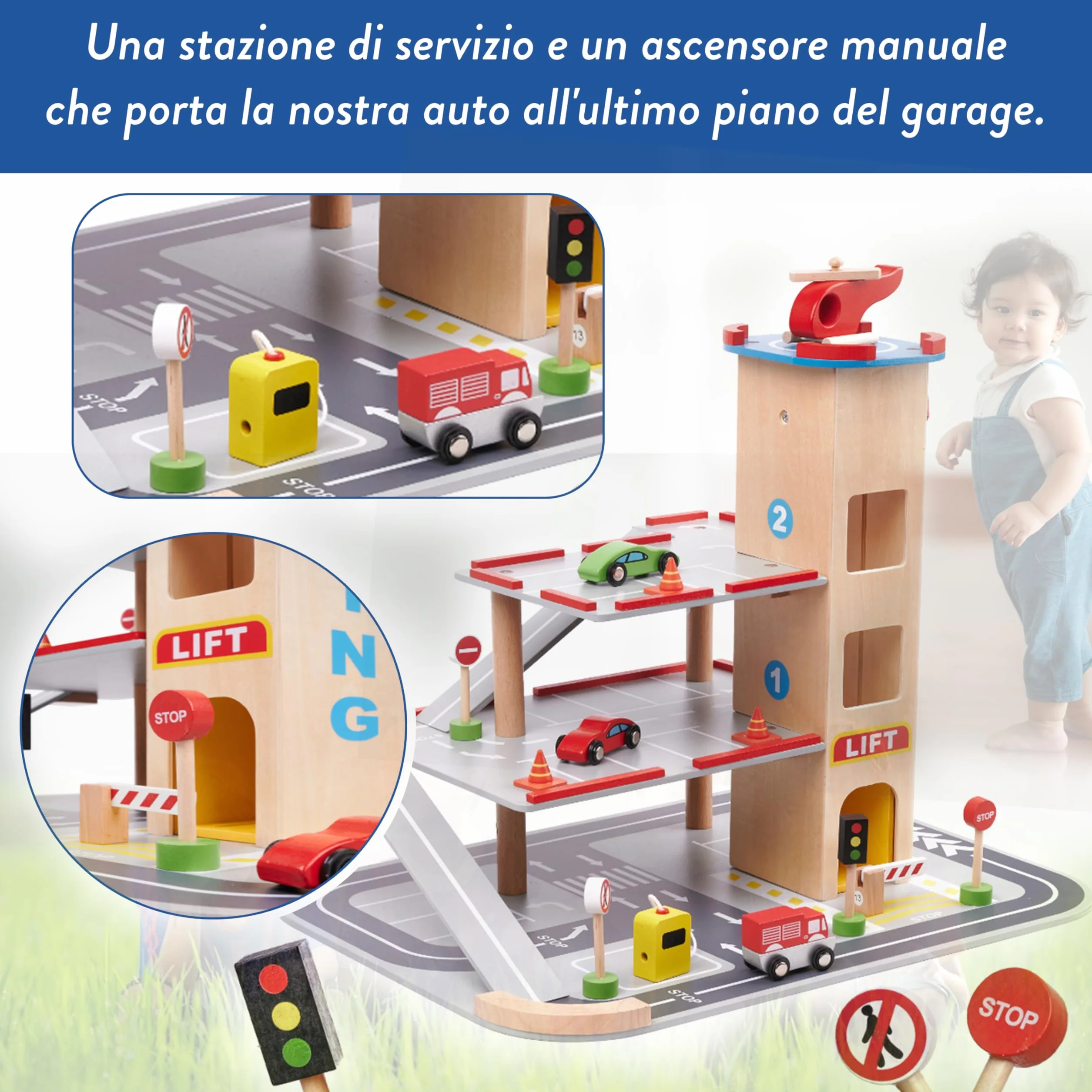 COIL Garage di Legno per Bambini con Ascensore - Macchine per Bambini - Gioco di Legno con Macchinina e Accessori