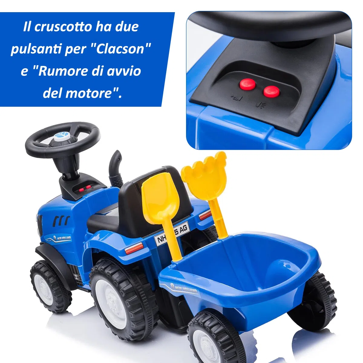 COIL Trattore New Holland Rutscjauto con Rimorchio - Trattore Buggy con Licenza, Include Rastrello e Pala - Realizzato in Plastica di Alta Qualità - Trattore Giocattolo Per Bambini