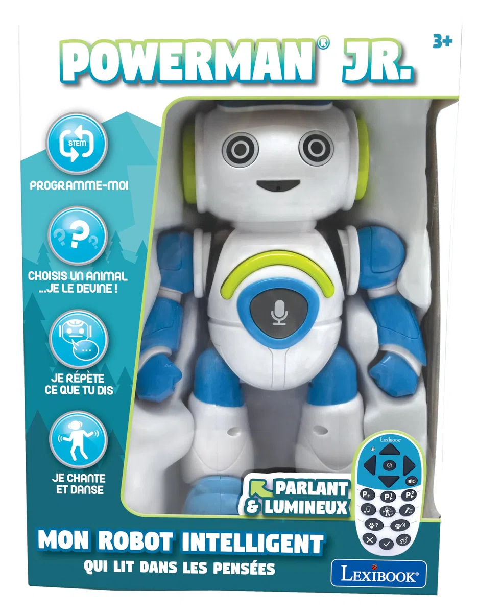 Lexibook Jr. Robot intelligente che legge nei pensieri giocattolo per bambini e bambine, Powerman Junior danza suona musica quiz animali karaoke programmabile STEM Blu/Verde, ROB20FR