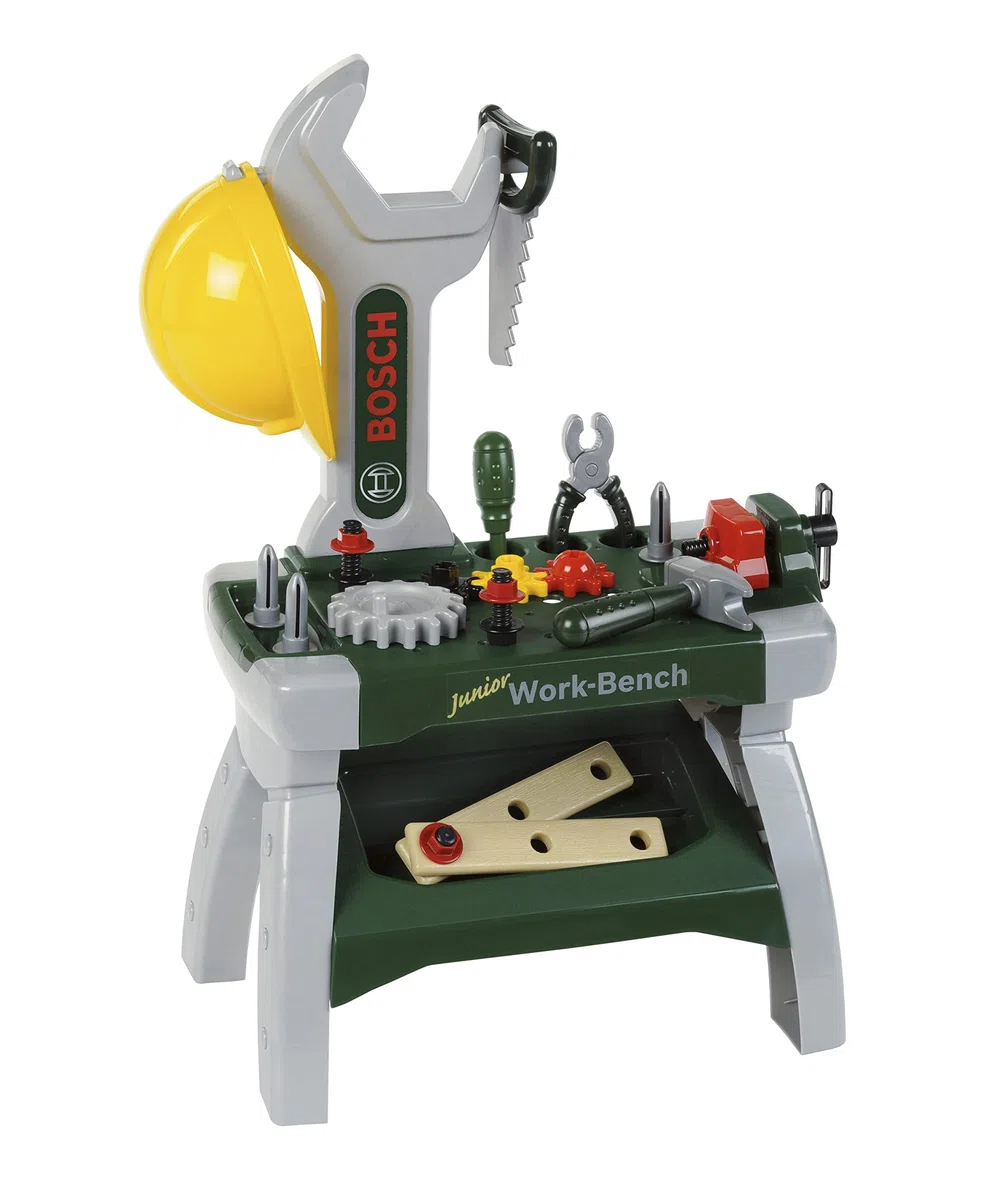 Theo Klein 8604 Banco da lavoro Bosch Junior I Include copricapo protettivo, morsa, utensili, assicelle, chiodi, viti e dadi I Giocattoli per bambini dai 2 anni in su
