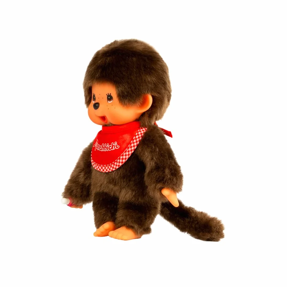 Sekiguchi 255010 - Originale Ragazzo Monchhichi, in Peluche Marrone, con Bavaglino Rosso, Circa 20 cm