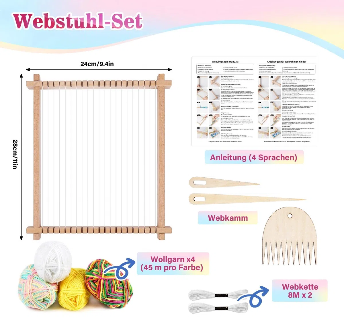 Homewit Cornice per bambini, 24 x 28 cm, grande, per bambini a partire dai 4 ai 6 8 anni, in legno, telaio a maglia, per principianti, per lavori a maglia, regalo per ragazze