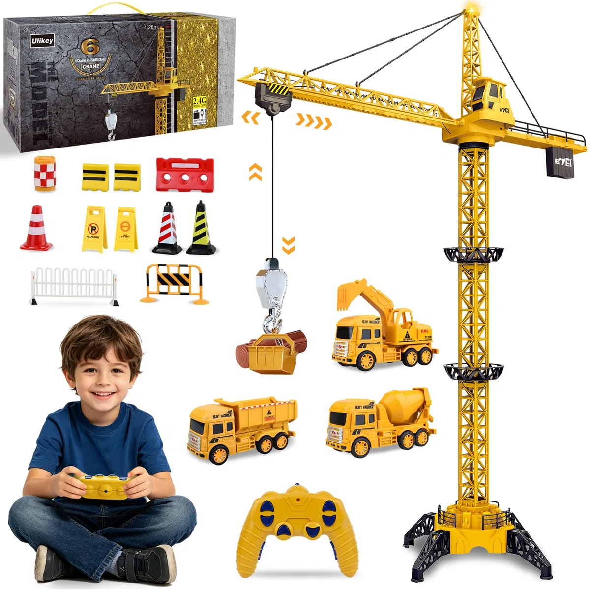Ulikey Gru a Torre Telecomandata, 2,4 GHz, Bambino, 128 cm, RC, Girevole a 680°, con Luci e Suoni, Filoguidata 6 Canali, Regalo Compleanno Ragazzi