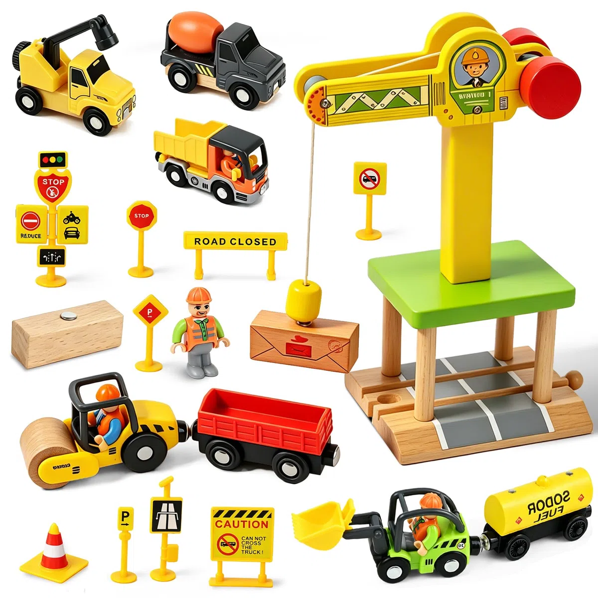 Joellfuner Veicoli Da Cantiere Giocattolo in Legno, Bambini Set di Costruzioni Giocattolo con Gru a Torre, Escavatore, Rullo Compressore, Carro Attrezzi, Veicoli da Costruzione Regalo 2 3 4 5 Anni