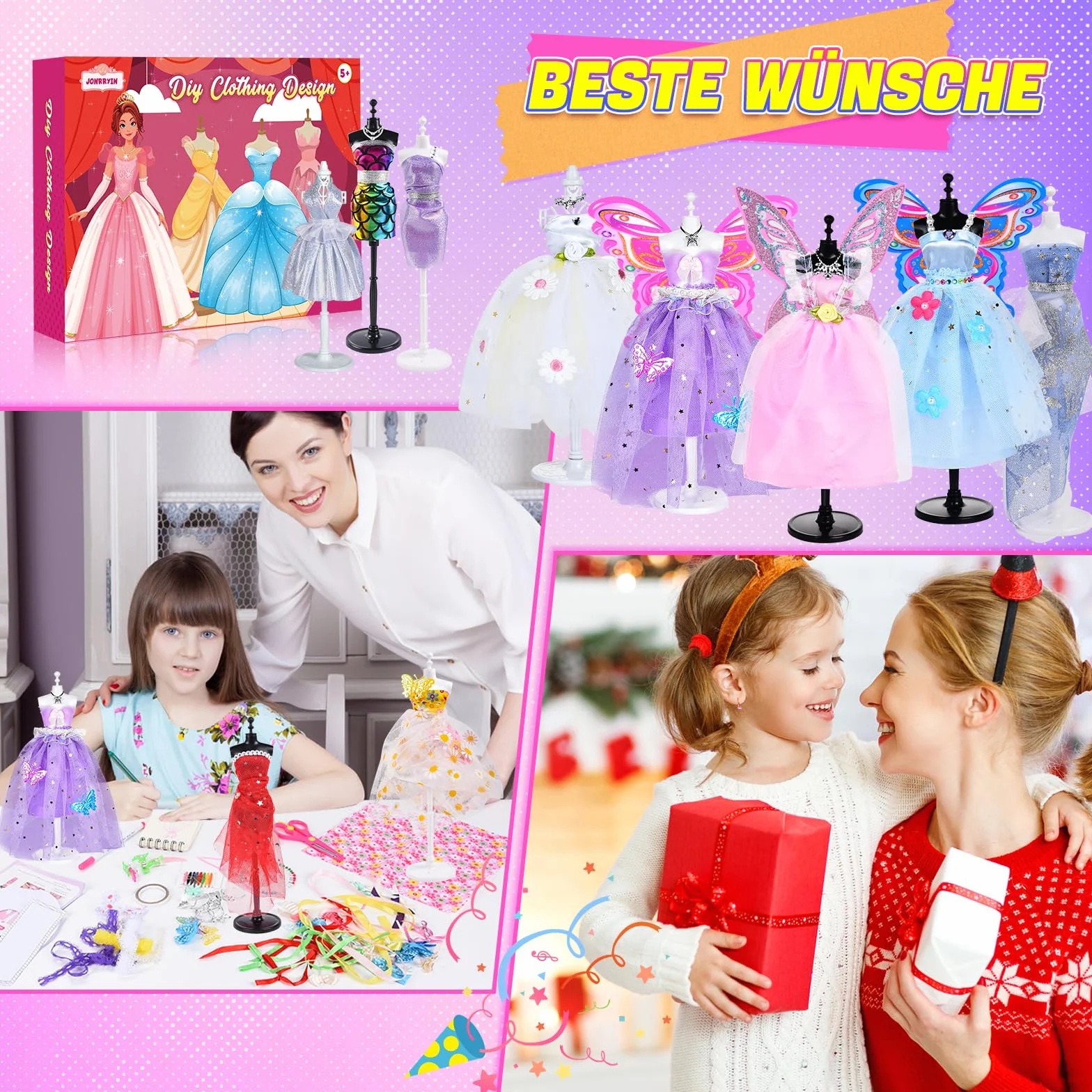 JONRRYIN Fashion Designer Kit, 600+ Kit di Design di Moda per Ragazze, Kits da Cucito per Bambini con 2 Manichini, Arte e Artigianato Creativo Design Moda per Bambine 8 9 10 11 12 Anni