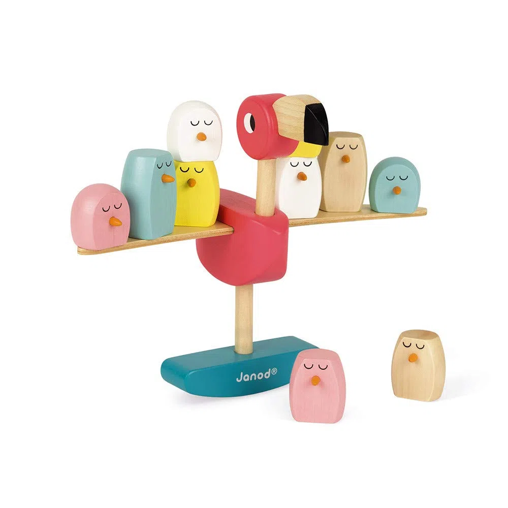 Janod - Gioco di Equilibrio Fenicottero Rosa Zigolos (Legno), Gioco di manipolazione, trattato con Vernici ad Acqua, per Bambini dai 3 Anni in su, J08230, Multicolore