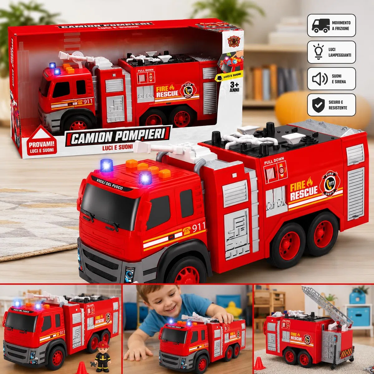 Camion Pompieri Luci e Suoni Camion Pompieri Giocattolo Grande per Bambini con Movimento a Frizione Luci Lampeggianti & Sirene Veicolo Giocattolo di Emergenza (A)