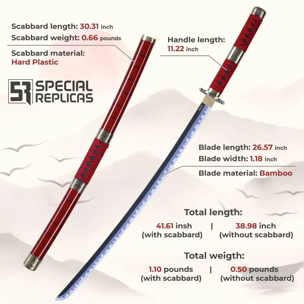 Spada Cosplay Katana di bambù Anime, Spada di Un Pezzo Ispirata a Katana Roronoa Zoro 105 cm 41 Pollici Una varietà di Stili tra Cui Scegliere