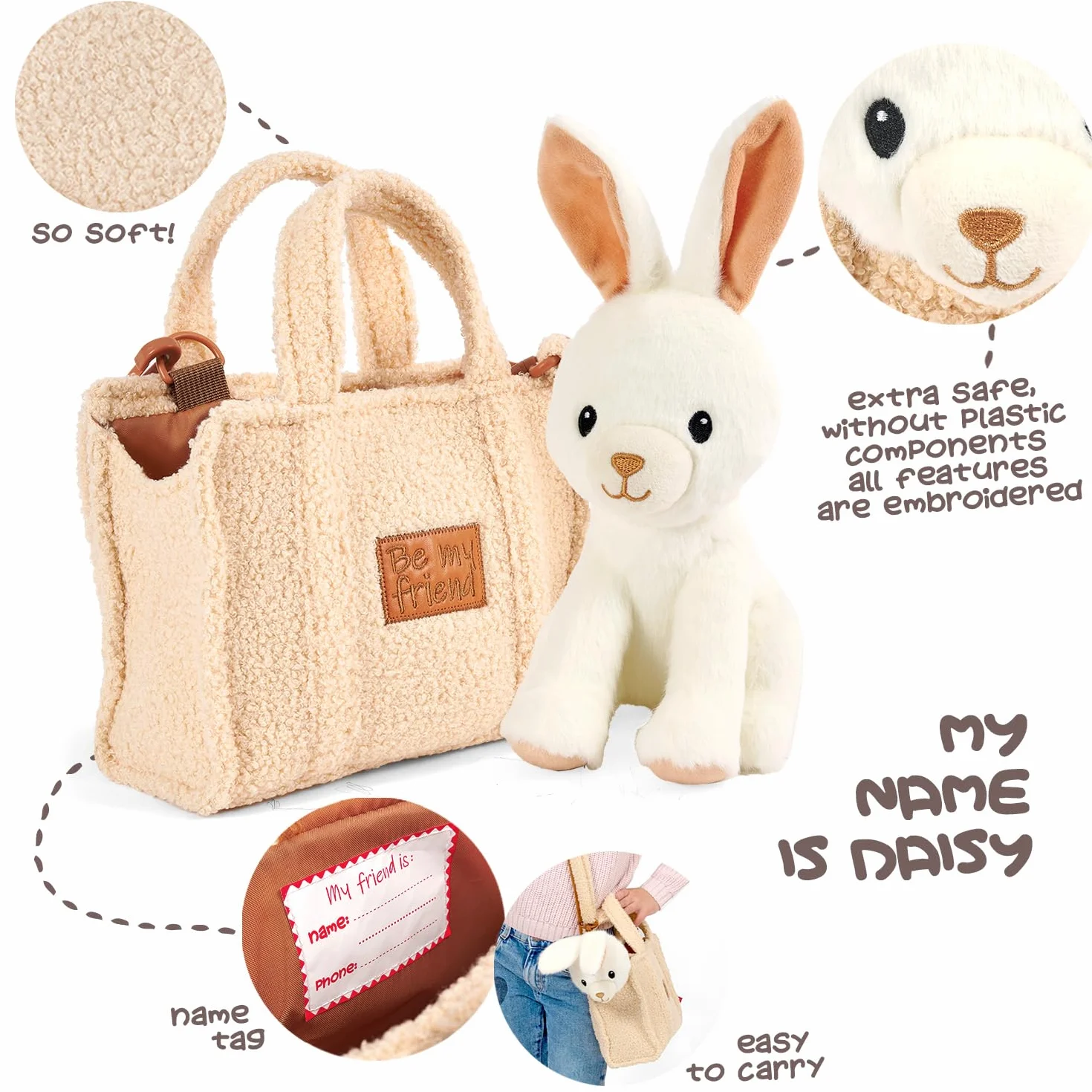 PERLETTI Borsetta Bambina Bambino con Peluche Estraibile - Borsa Morbida e Leggera Regalo Bimbi 3 4 5 6 Anni con Manici - Borsa Bambini Asilo con Pupazzo Removibile - Dimensioni 27x22x9cm