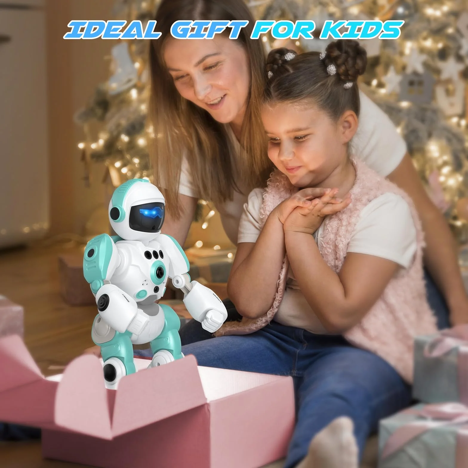 SIMREX Robot Bambini Giocattolo, Ricaricabile e Proiettibile, RC Robot con Occhi LED e Musica, RC Giocattolo con Sensore di Gesto per da 3 4 5 6 7 8 anni Ragazzi e Ragazze Regalo, Blu chiaro
