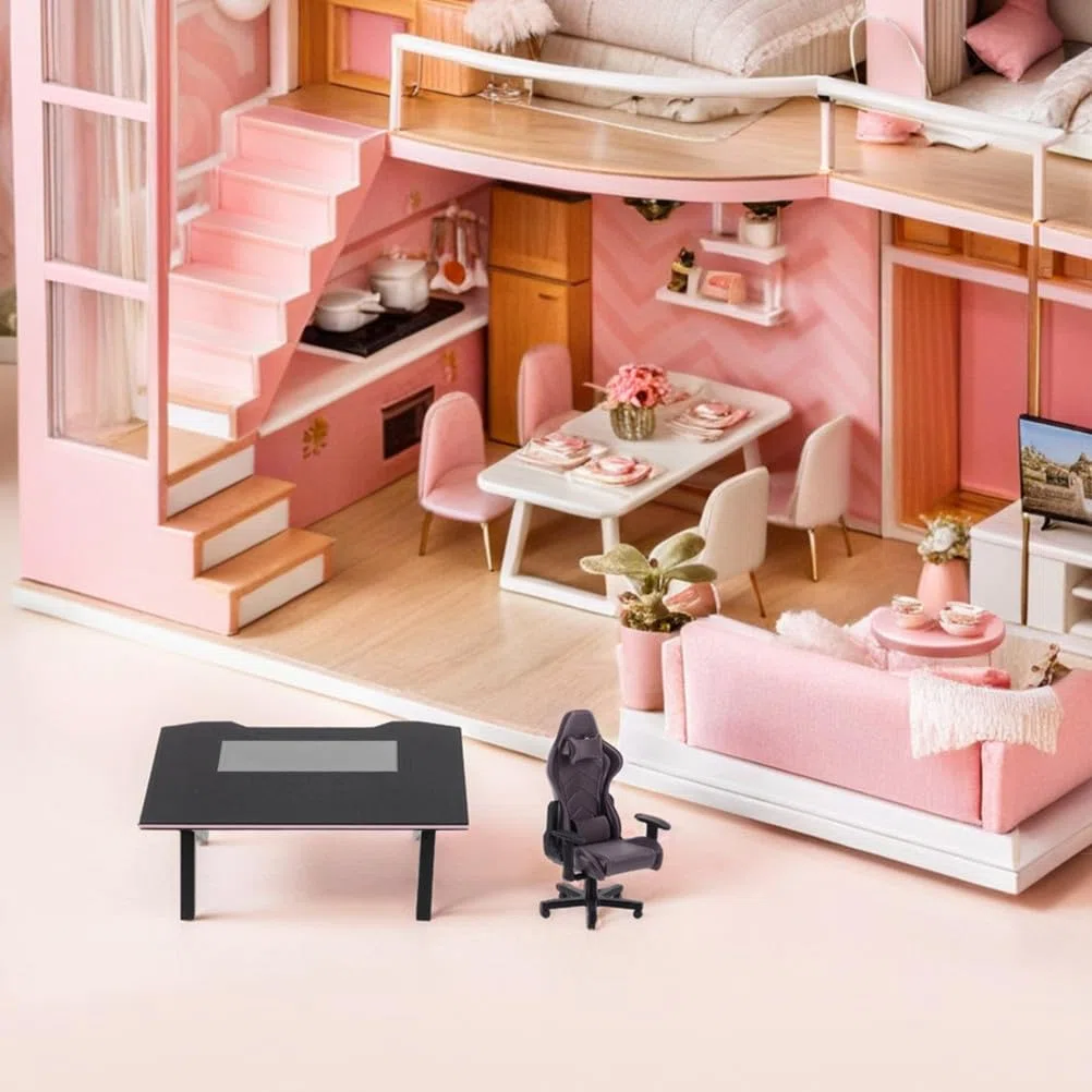 TOYANDONA Set da scrivania e sedie da gioco in miniatura in scala 1:12, modello realistico in miniatura per la decorazione della casa delle bambole, lavori di bricolage,