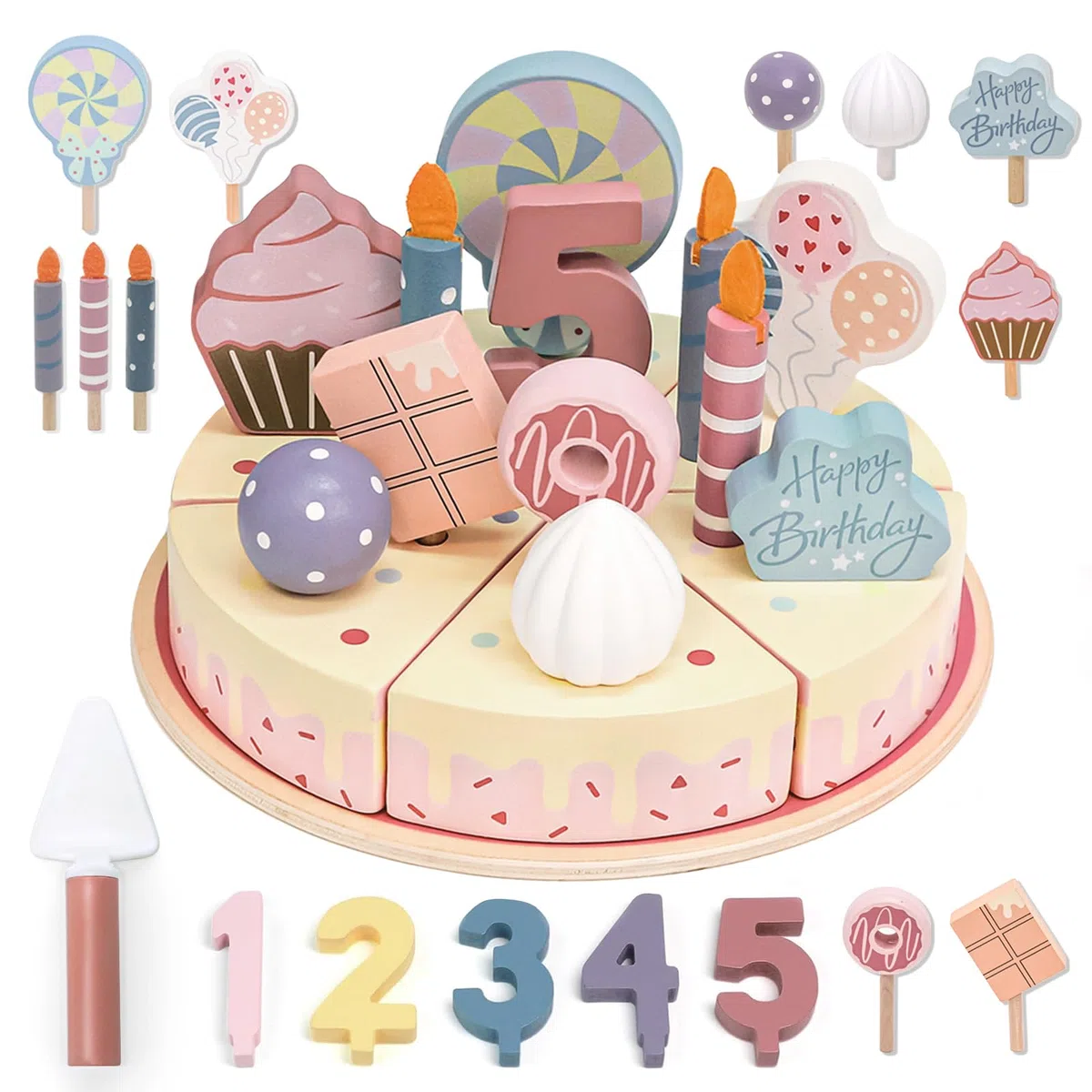 Torta finta di compleanno in legno con candele e numeri, set di torte giocattolo per bambini, torta di compleanno per giochi di finta, giocattoli regalo di compleanno per ragazzi e ragazze