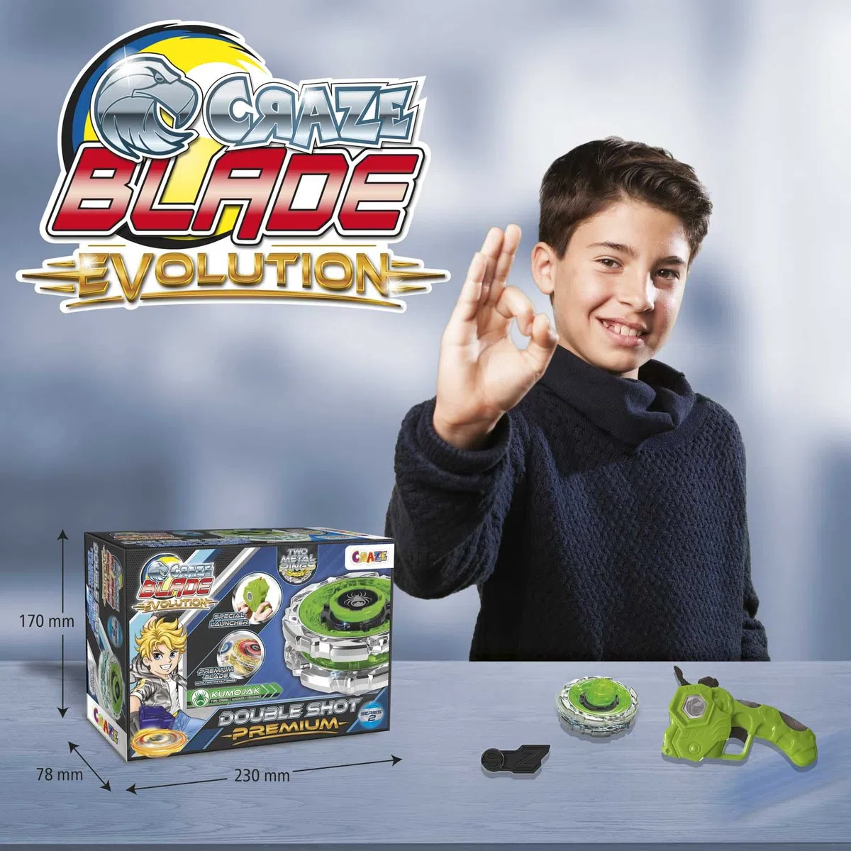 CRAZE BLADE Evolution Double Shot Premium, Trottola bambini, Trottola con lanciatore speciale, Spinner da combattimento con due Anelli di metallo