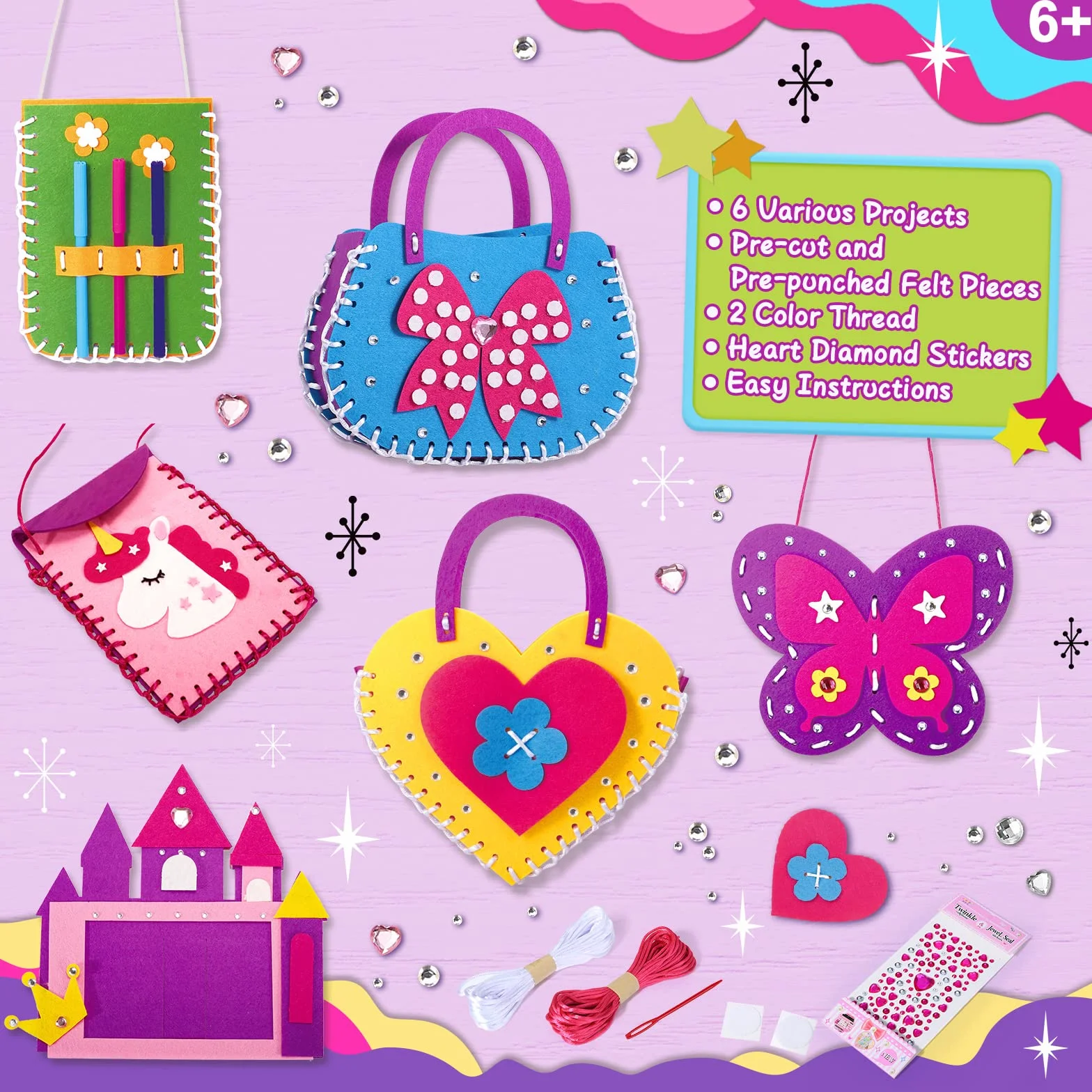 Tacobear Kit Cucito Bambina Unicorno Farfalla Castello Feltro Fai da Te per Bambini Kit da Cucito Kit Materiale per Lavoretti Regalo per Bambina 5 6 7 8 9 10 Anni