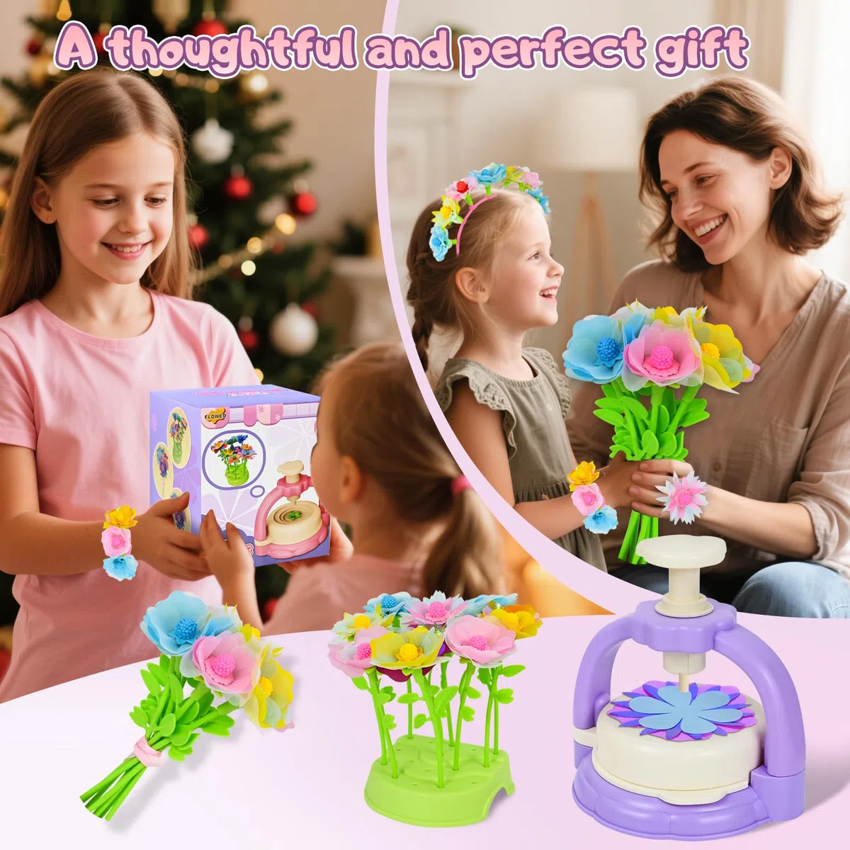 HERMORRYSS Kit di Fiori Creativo per Bambini, Il Laboratorio dei Fiori, DIY Kit Composizione Bouquet, Set Creativo per Mazzi di Fioris con Pressa, Regalo Giocattoli Creativo per Bambina 4+ (Viola)