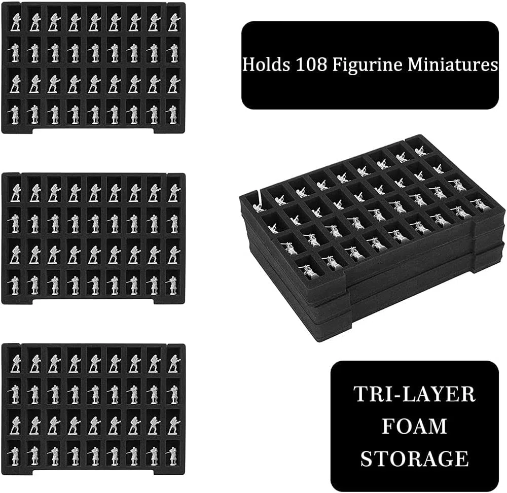 Risou Custodia robusta per il trasporto di statuette in miniatura, con 108 scomparti, compatibile con 40k, D&D e altro (nero)