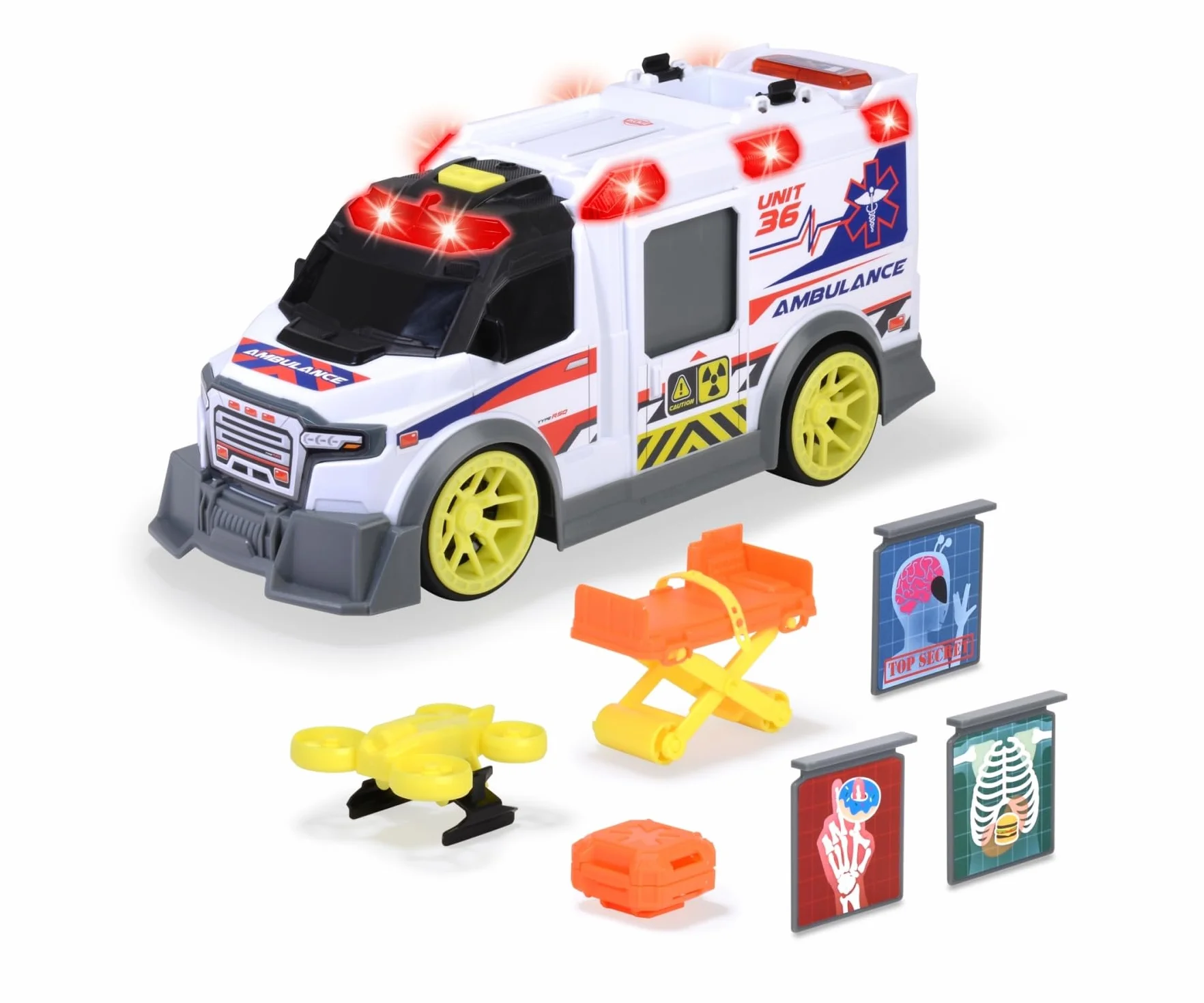 Dickie Toys - Ambulanza 36 cm, 203307003, +3 Anni, Sistema a Ruota Libera, luci e Suoni, Apertura portellone a Molla, barella, Drone