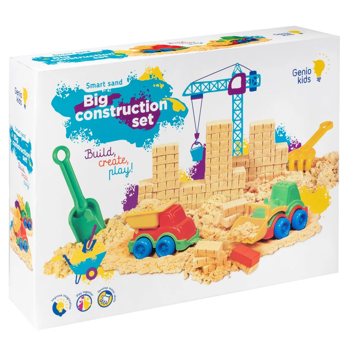 Genio Kids Set Sabbia Magica Costruzione - 1 kg di Sabbia per Bambini con Camion e Escavatore, Sabbiera e Accessori, Gioco Creativo e Sensoriale, Regalo per Bambini 3 4 5 6 7 8 Anni