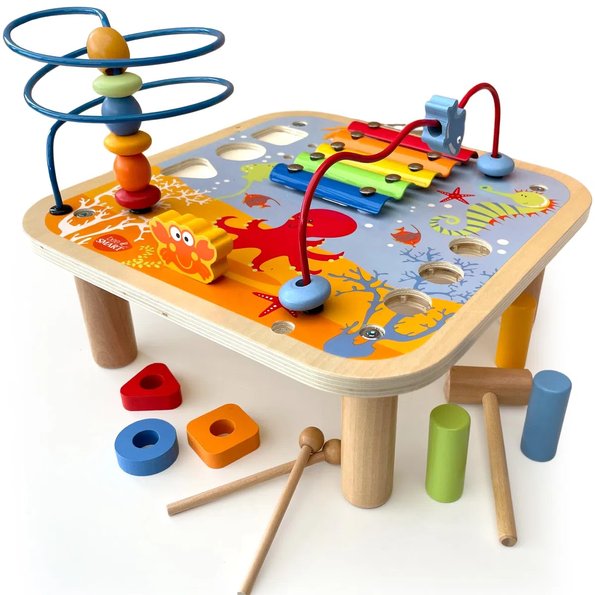 Tavolo di attività in legno - Gioco 5 in 1 per bambini | Xilofono, labirinto di perline, banco del martello, smistatore di forme | Regali di giocattoli educativi montessoriani di attività per bambini