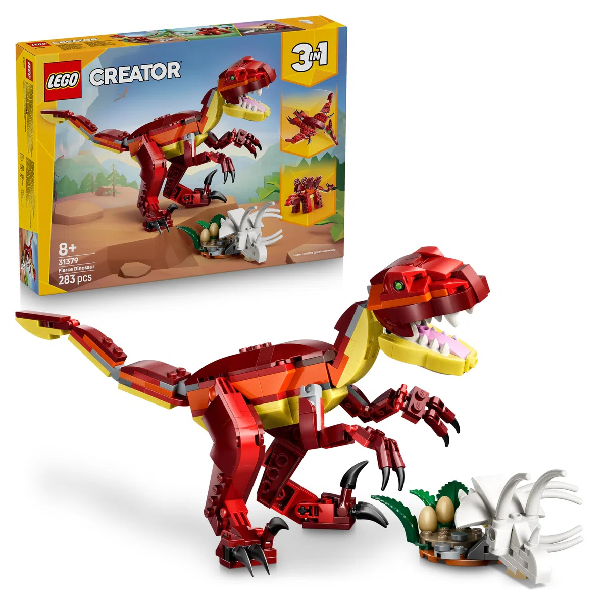 LEGO Creator 3 in 1 Feroce Dinosauro Giocattolo - Figure di Velociraptor, Stegosauro o Pterosauro con Elementi Scheletro e Denti Affilati - Regalo di Compleanno per Bambini e Bambine da 8 Anni - 31379
