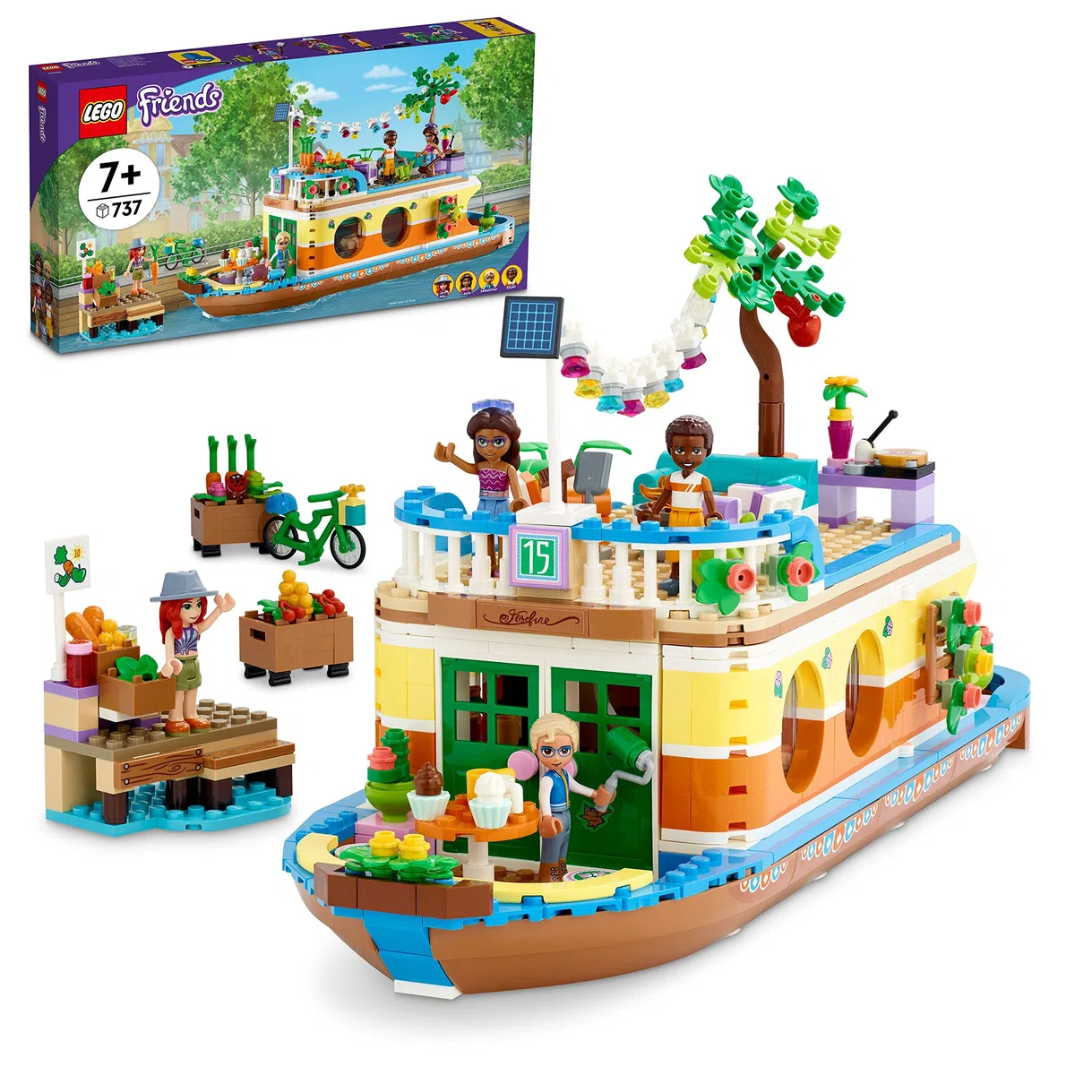 LEGO 41702 Friends La Peniche, Giocattolo Barca per Bambini dai 7 Anni con Giardino, 4 Mini Bambole, Figure Animali, Set Natura