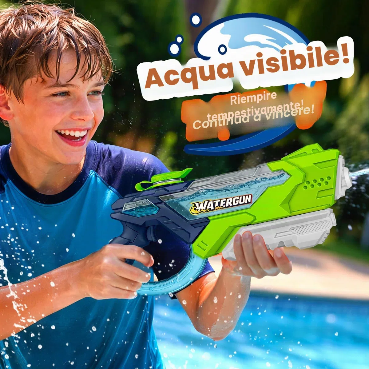 Pistola ad Acqua per Bambini – Portata 10 m, Serbatoio 600 ml, Pompa Manuale, Ricarica Veloce, Giocattolo per Piscina, Spiaggia e Giardino per Adulti e Bambini
