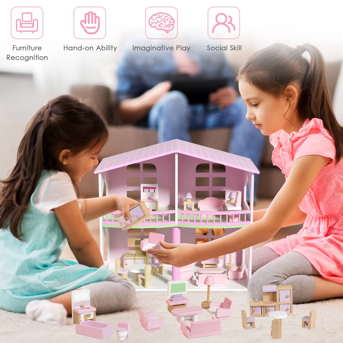 Set di Mobili per Casa delle Bambole in Legno, 5 Stanze 22 Mini Accessori Include Cucina Sala da Pranzo Soggiorno Camera da Letto Bagno per Ragazzi