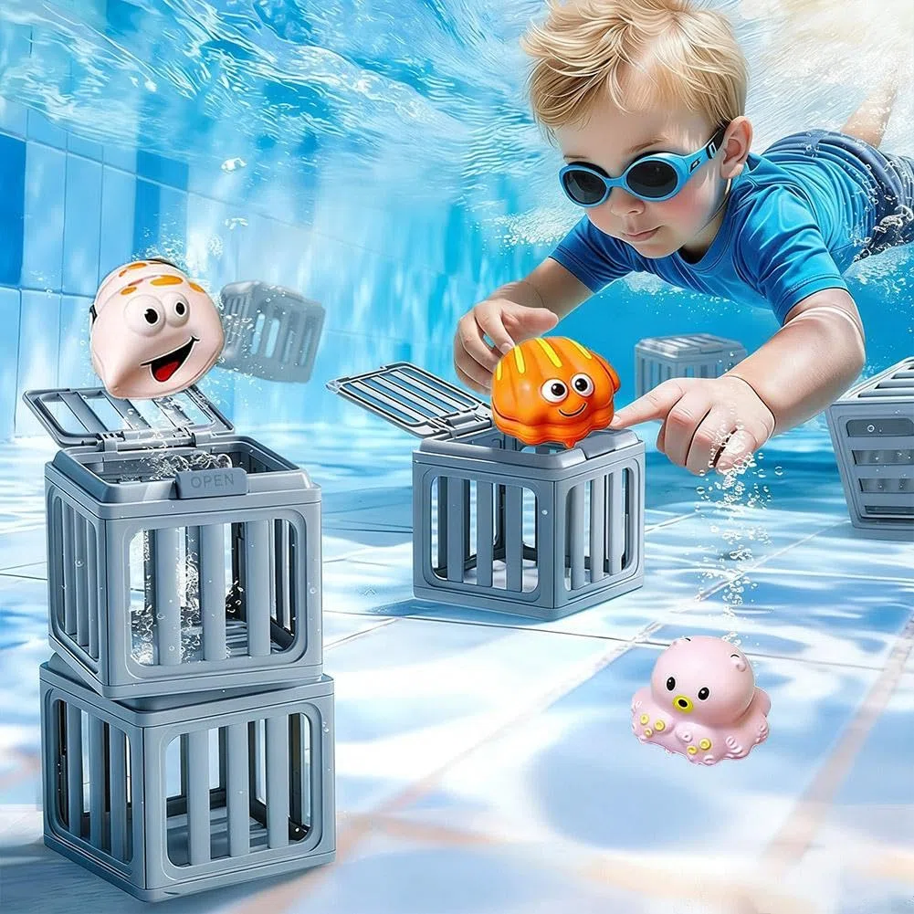 Confezione da 6 giocattoli di salvataggio subacquei, giocattoli per immersioni subacquee 2026 nuovi giocattoli per immersioni in piscina con scatole per pesci, con animali dell'oceano e gabbie