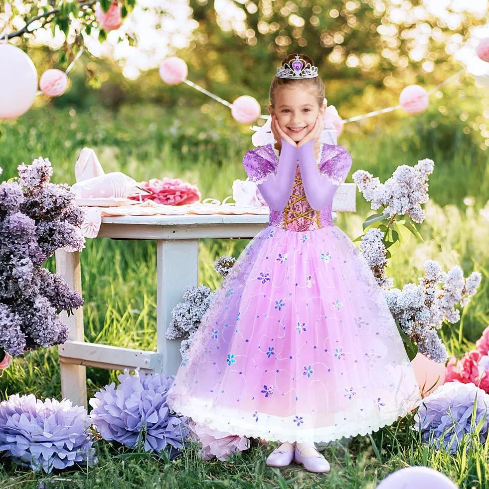 AOOWU Costume da Principessa Rapunzel per Bambina, Vestito Rapunzel con 6 Accessori, Abito da Principessa Viola, Cosplay Halloween Carnevale Abito per Ragazze(100-150)
