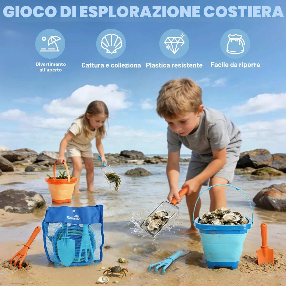 Dreamon Giochi Spiaggia Bambini Set 3 4 5 Anni con Secchiello Spiaggia Bambini Pieghevole Sacco a Rete Setaccio per La Sabbia Pala e Rastrello Giocattoli Regalo Esterno per Bambini e Bambine