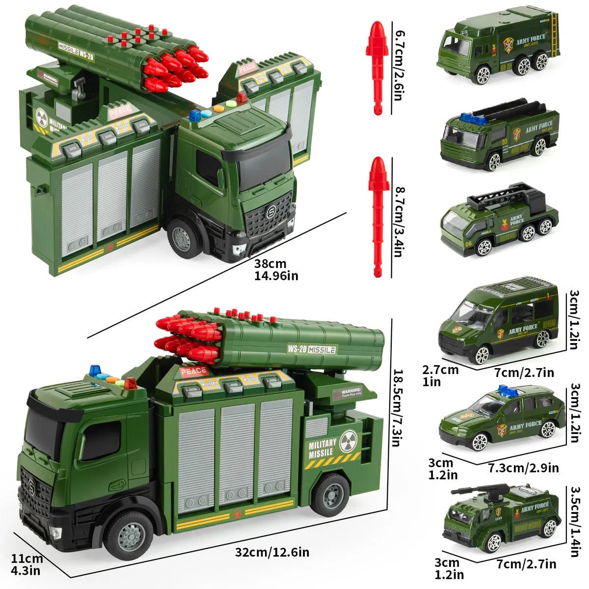 Camion Militare Giocattolo，Giocattoli Militari per Ragazzi con 8 Missile,Luci e Suoni,Set di Giocattoli Militari con 6 Veicoli,Giocattoli Militare adatti a Bambini di età Superiore ai 3 Anni