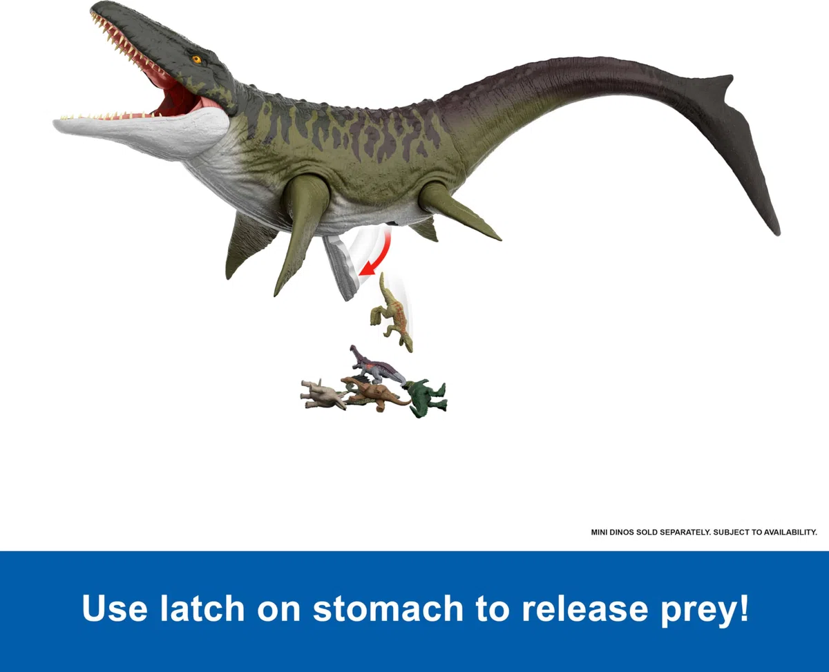 Mattel Jurassic World Rebirth - Mosasauro Super Colossale, enorme dinosauro snodato con due mosse d'attacco, look fedele al film, giocattolo per bambini, 4+ anni, JGB51