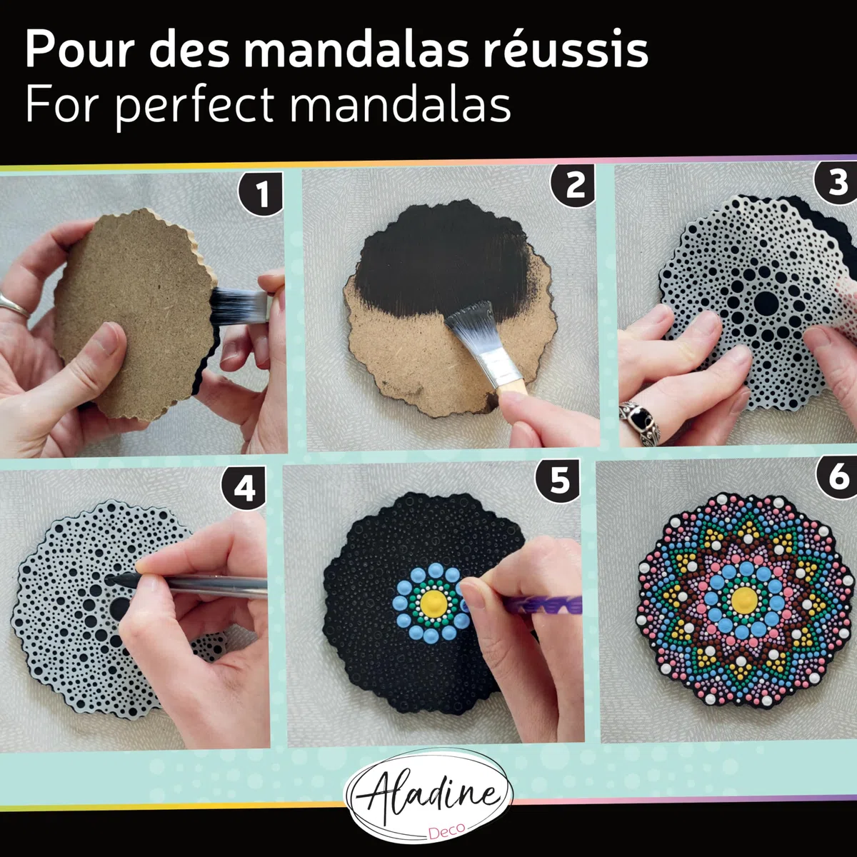 Aladine - Kit Mandala in Dot Painting - Cofanetto 4 stencil Mandala & Strumenti Dot Painting - 85496