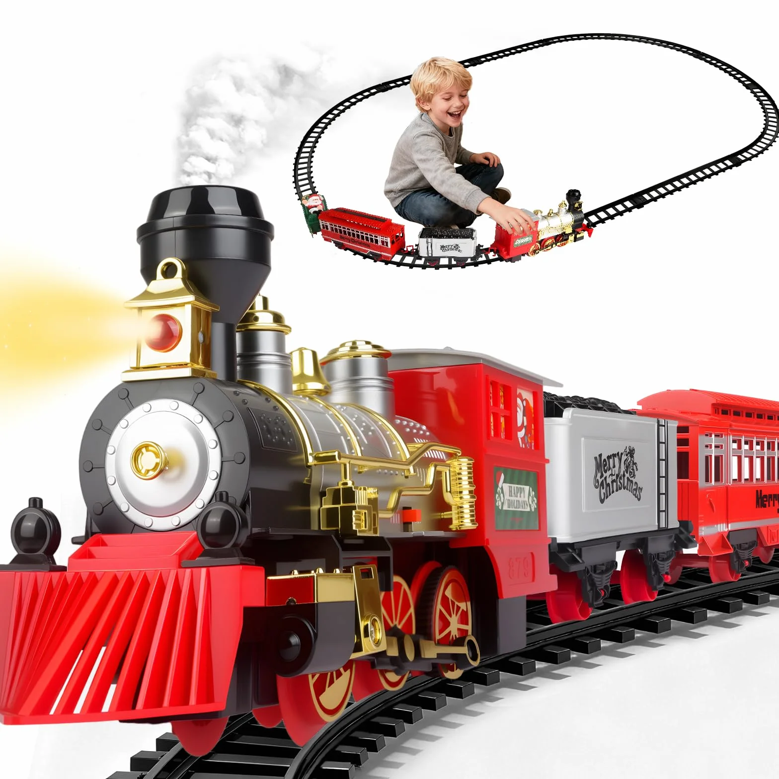 Treno Elettrico per Bambini con Fumo, Luci e Suoni - Set Treno a Vapore Giocattolo per Ragazze Ragazzi di 3 4 5 6 Anni - Regalo di Natale Perfetto