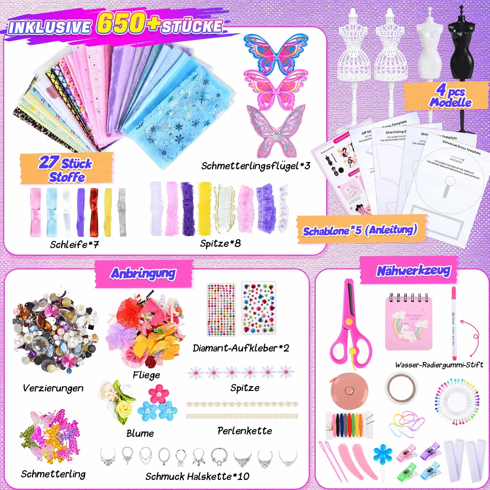 JONRRYIN Fashion Designer Kit, 600+ Kit di Design di Moda per Ragazze, Kits da Cucito per Bambini con 2 Manichini, Arte e Artigianato Creativo Design Moda per Bambine 8 9 10 11 12 Anni