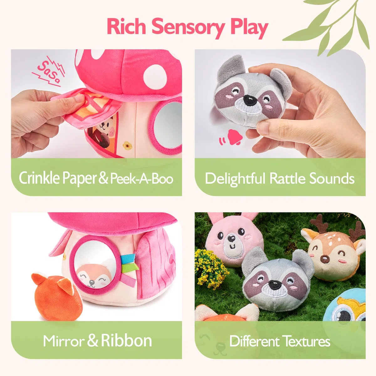 hahaland Giochi Neonato Montessori 6-12 Mesi - Casa Morbida per Animali con Sonagli/Pieghe/Specchio - Giochi Sensoriale per Bambini 3 6 12 Mesi Regalo Bimbo Bimba
