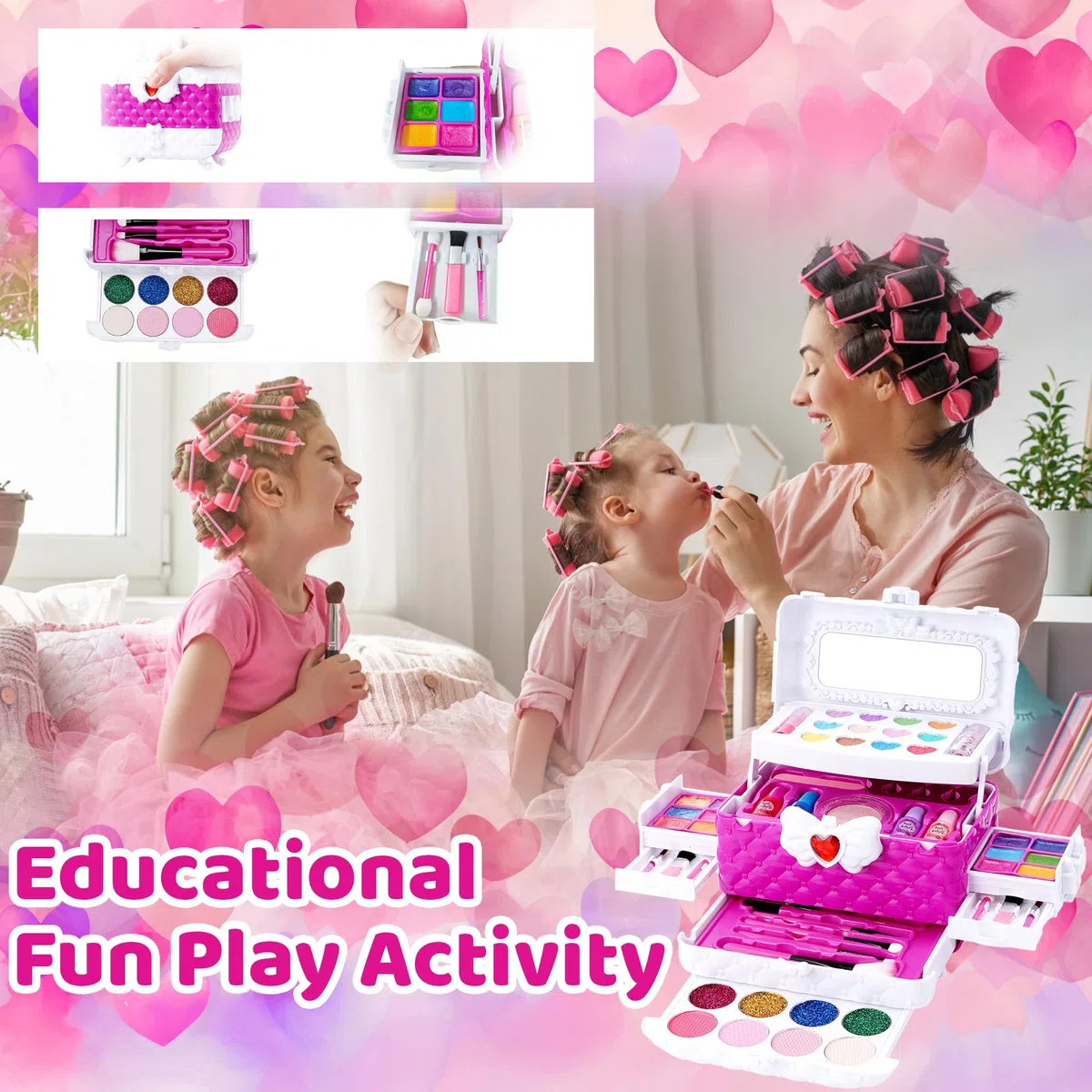 53 pezzi Set di trucco per bambini, set di trucco per ragazze, set di trucco sicuro e lavabile, non tossico, set regalo di trucco, giocattolo per gioco di ruolo per Natale e Halloween, valigetta per